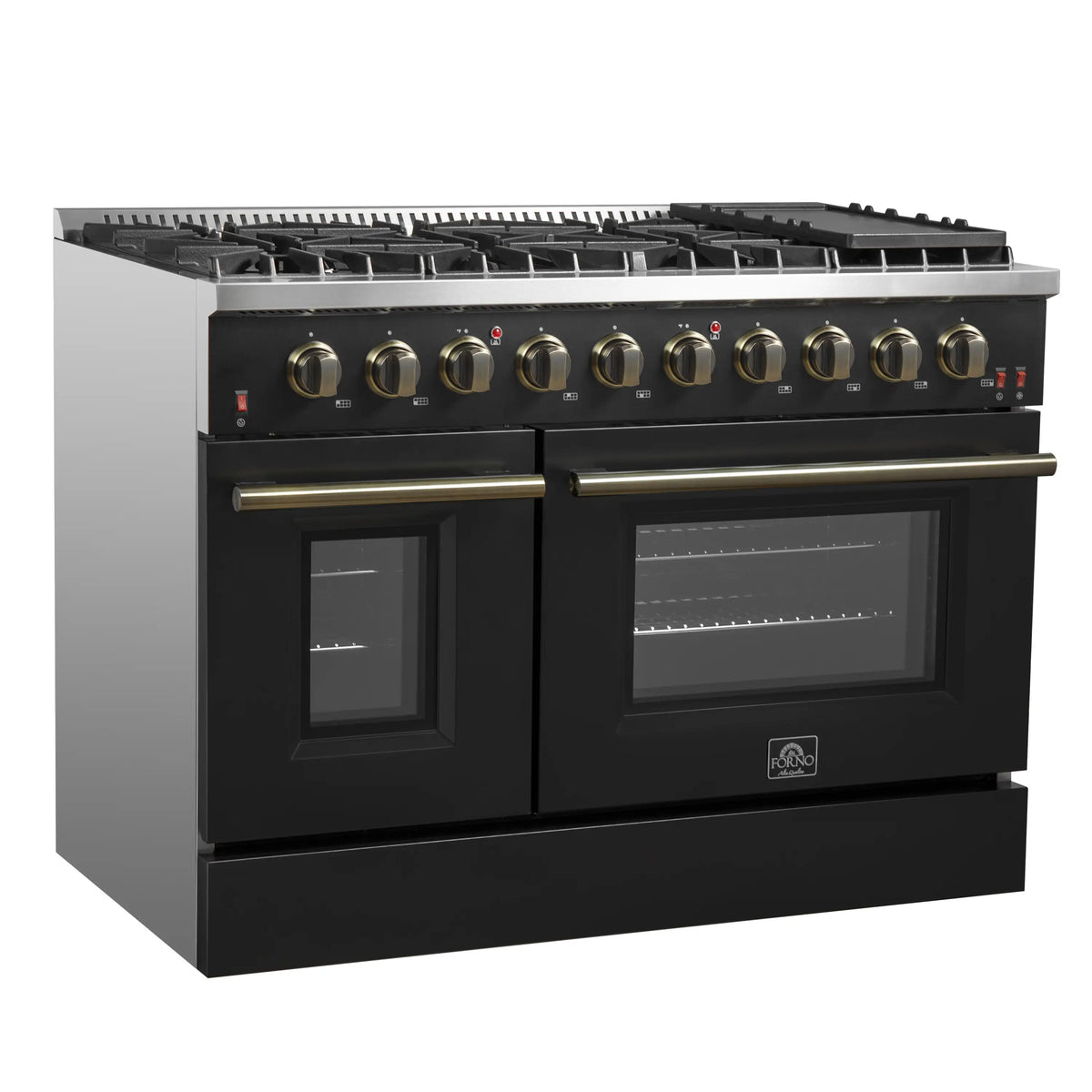 Forno 4-Piece Appliance Package - 48-Inch Gas Range, 60-Inch Convertible Refrigerator with Modern Trim, Dishwasher, and 24-Inch Microwave Oven in Black with Antique Brass Trim