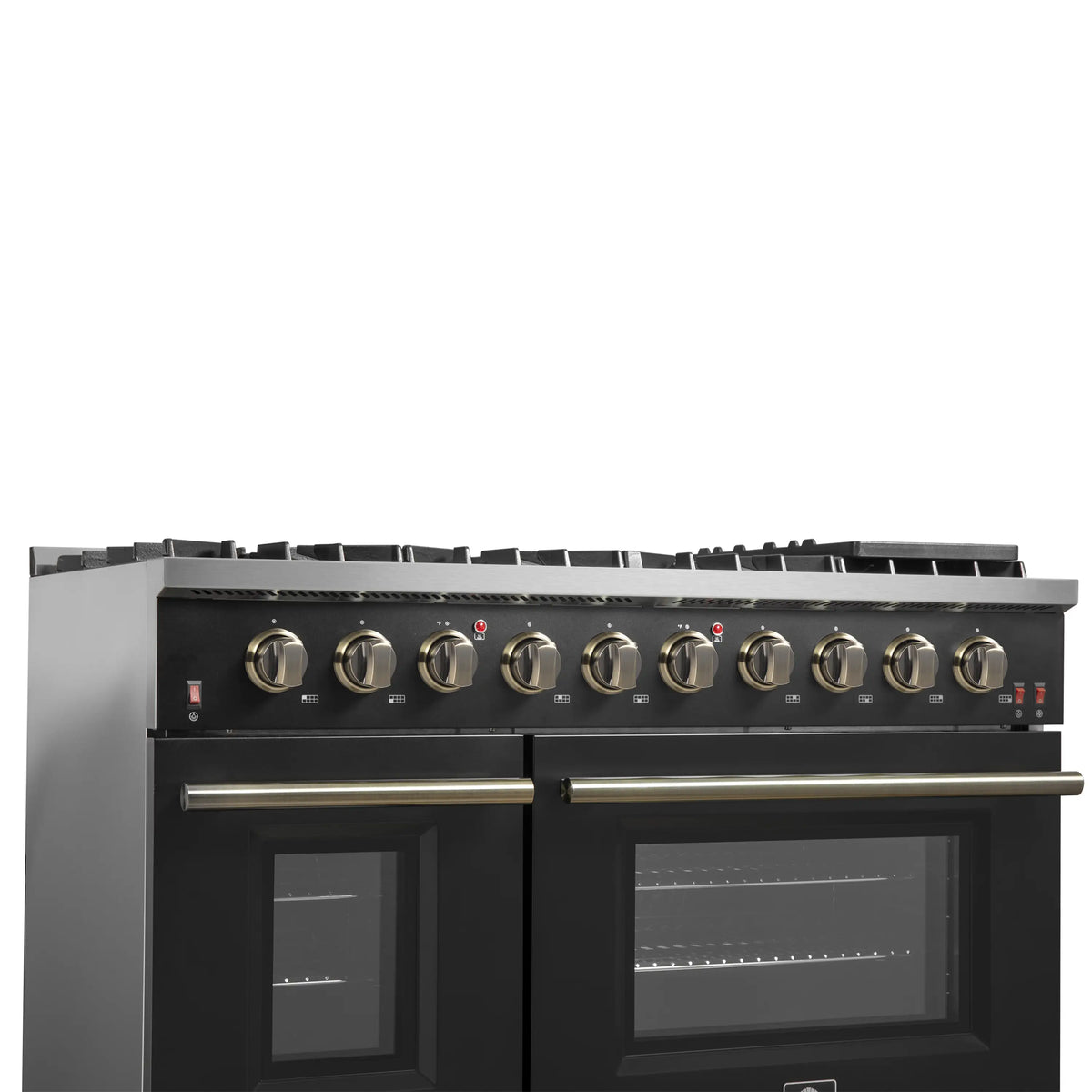 Forno 4-Piece Appliance Package - 48-Inch Gas Range, Wall Mount Range Hood, 60-Inch Built-In Convertible Refrigerator, and Dishwasher in Black with Antique Brass Trim