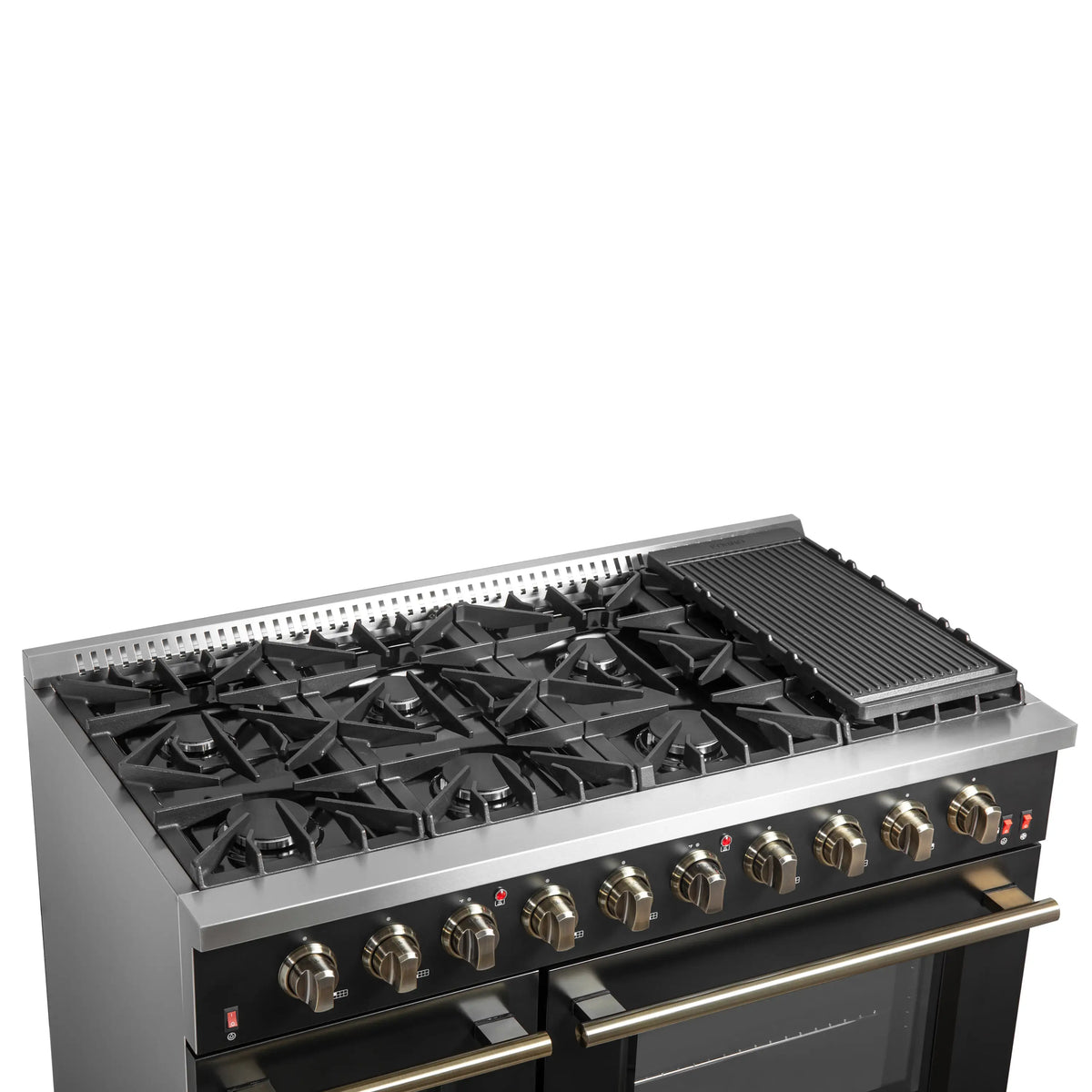 Forno 4-Piece Appliance Package - 48-Inch Gas Range, 60-Inch Convertible Refrigerator with Modern Trim, Dishwasher, and 24-Inch Microwave Oven in Black with Antique Brass Trim