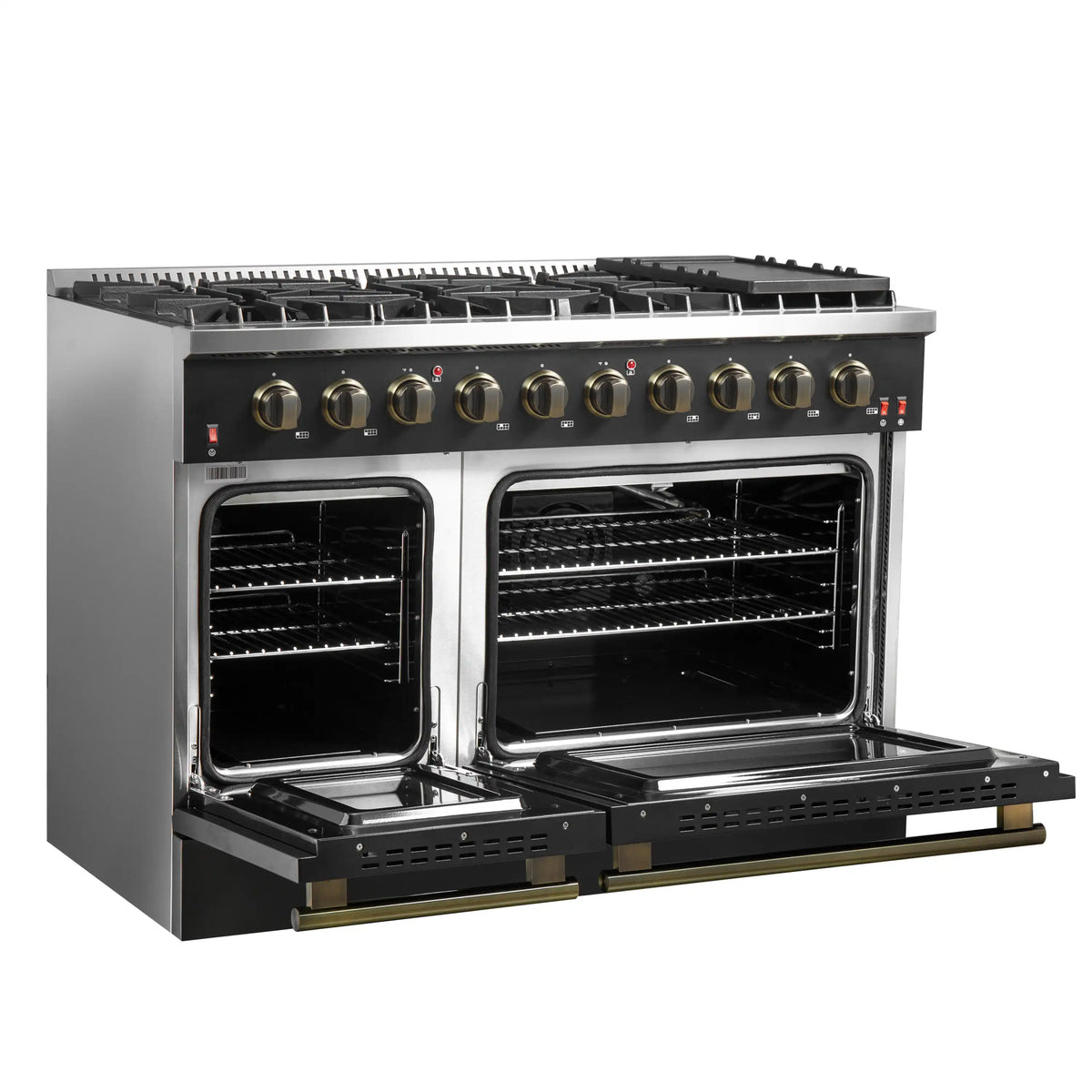 Forno 4-Piece Appliance Package - 48-Inch Gas Range, 60-Inch Convertible Refrigerator with Modern Trim, Dishwasher, and 24-Inch Microwave Oven in Black with Antique Brass Trim