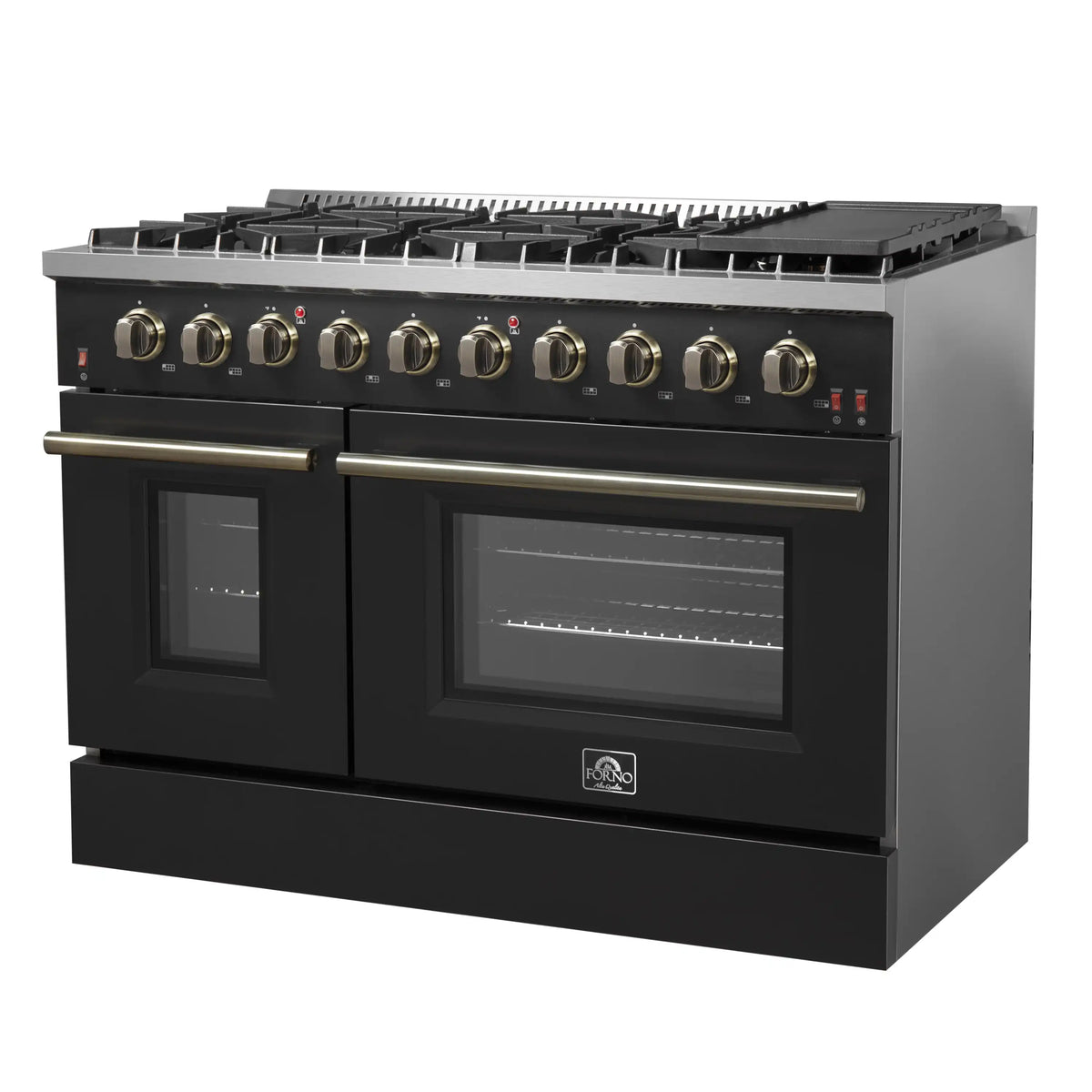 Forno 4-Piece Appliance Package - 48-Inch Gas Range, 60-Inch Convertible Refrigerator with Modern Trim, Dishwasher, and 24-Inch Microwave Oven in Black with Antique Brass Trim