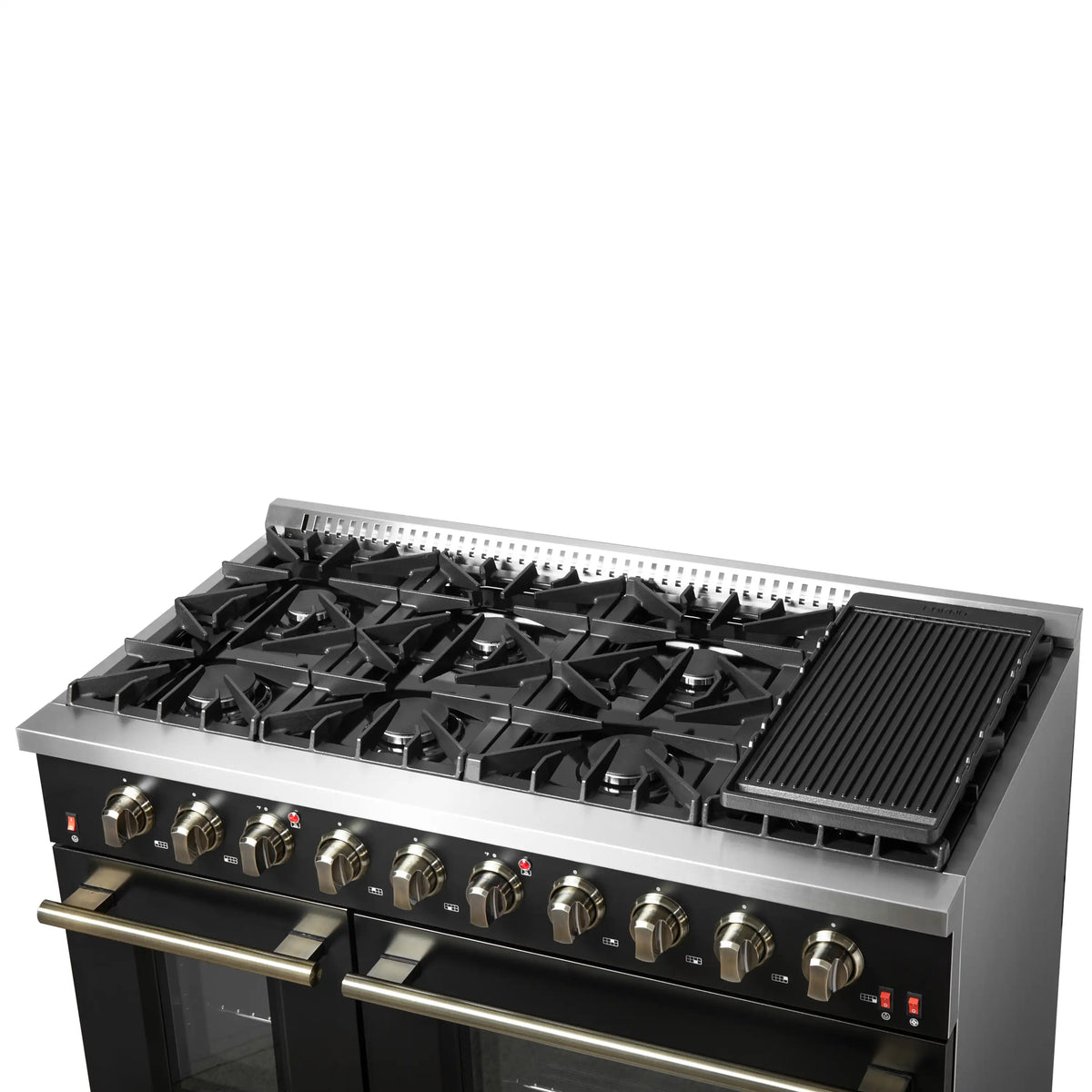 Forno 5-Piece Appliance Package - 48-Inch Gas Range, 60-Inch Convertible Refrigerator with Modern Trim, Dishwasher, and 24-Inch Microwave Drawer in Black with Antique Brass Trim