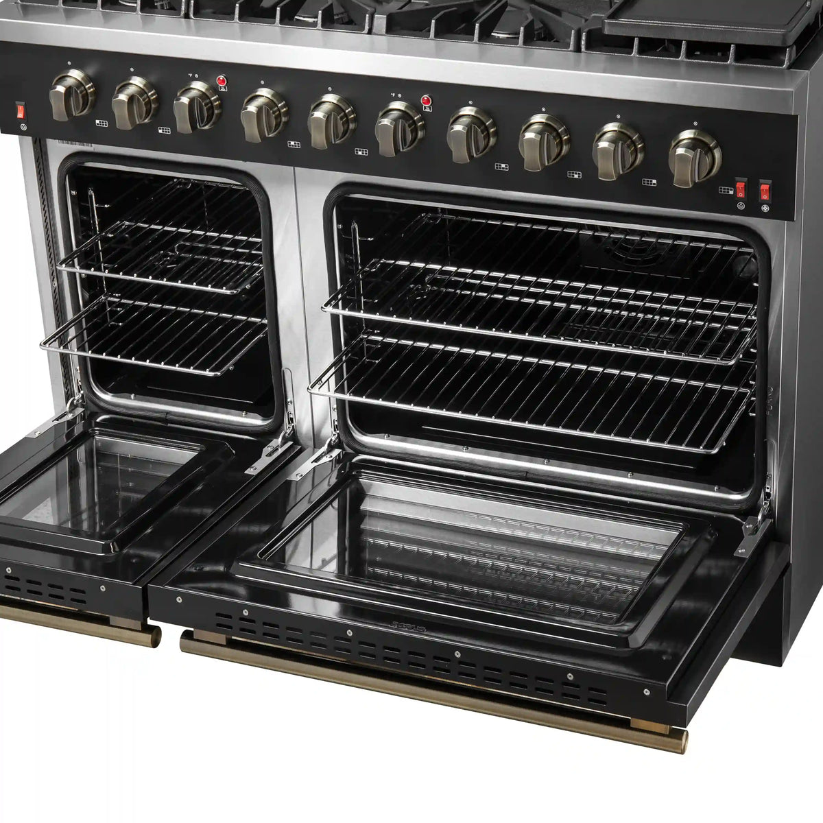 Forno 4-Piece Appliance Package - 48-Inch Gas Range, 60-Inch Convertible Refrigerator with Modern Trim, Dishwasher, and 24-Inch Microwave Oven in Black with Antique Brass Trim