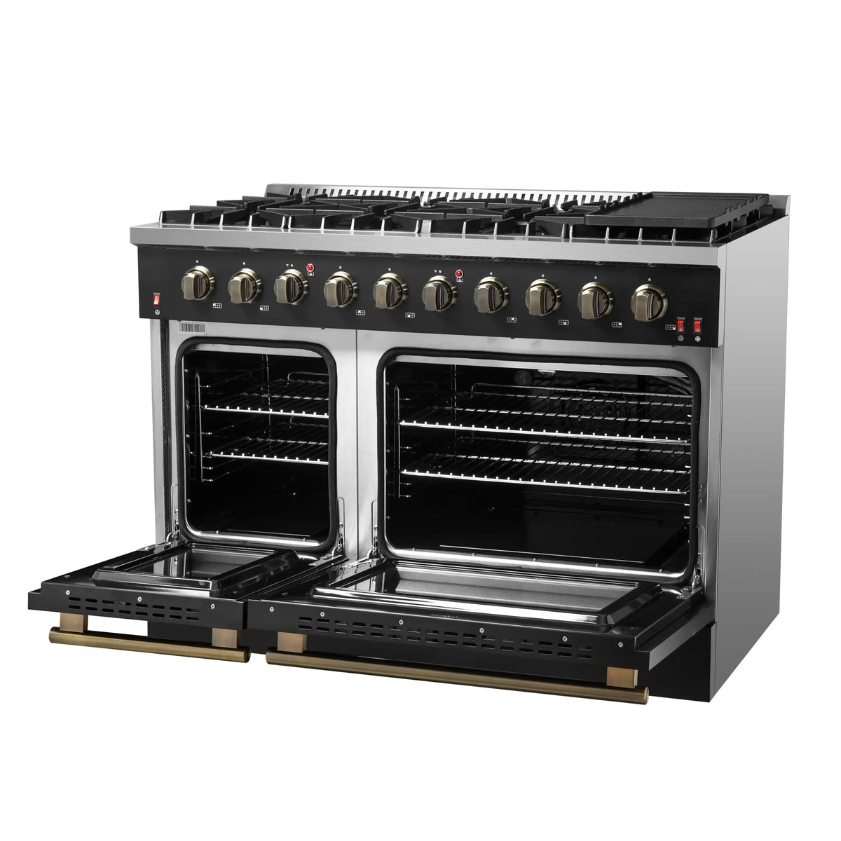 Forno 4-Piece Appliance Package - 48-Inch Gas Range, 60-Inch Convertible Refrigerator with Modern Trim, Dishwasher, and 24-Inch Microwave Oven in Black with Antique Brass Trim