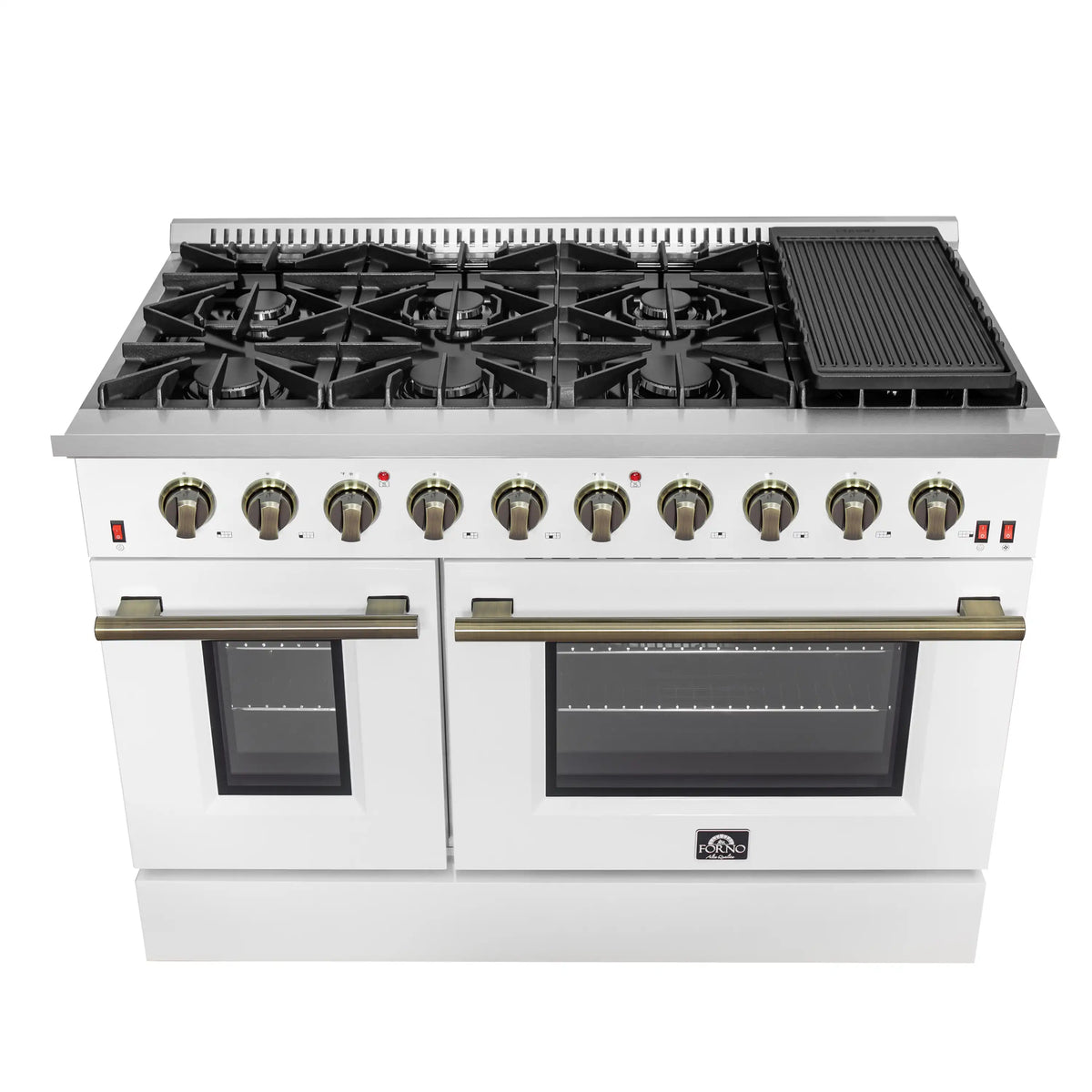 Forno 4-Piece Appliance Package - 48-Inch Galiano Gas Range, 60-Inch Refrigerator, Dishwasher, & 24-Inch Microwave Drawer in White with Antique Brass Trim