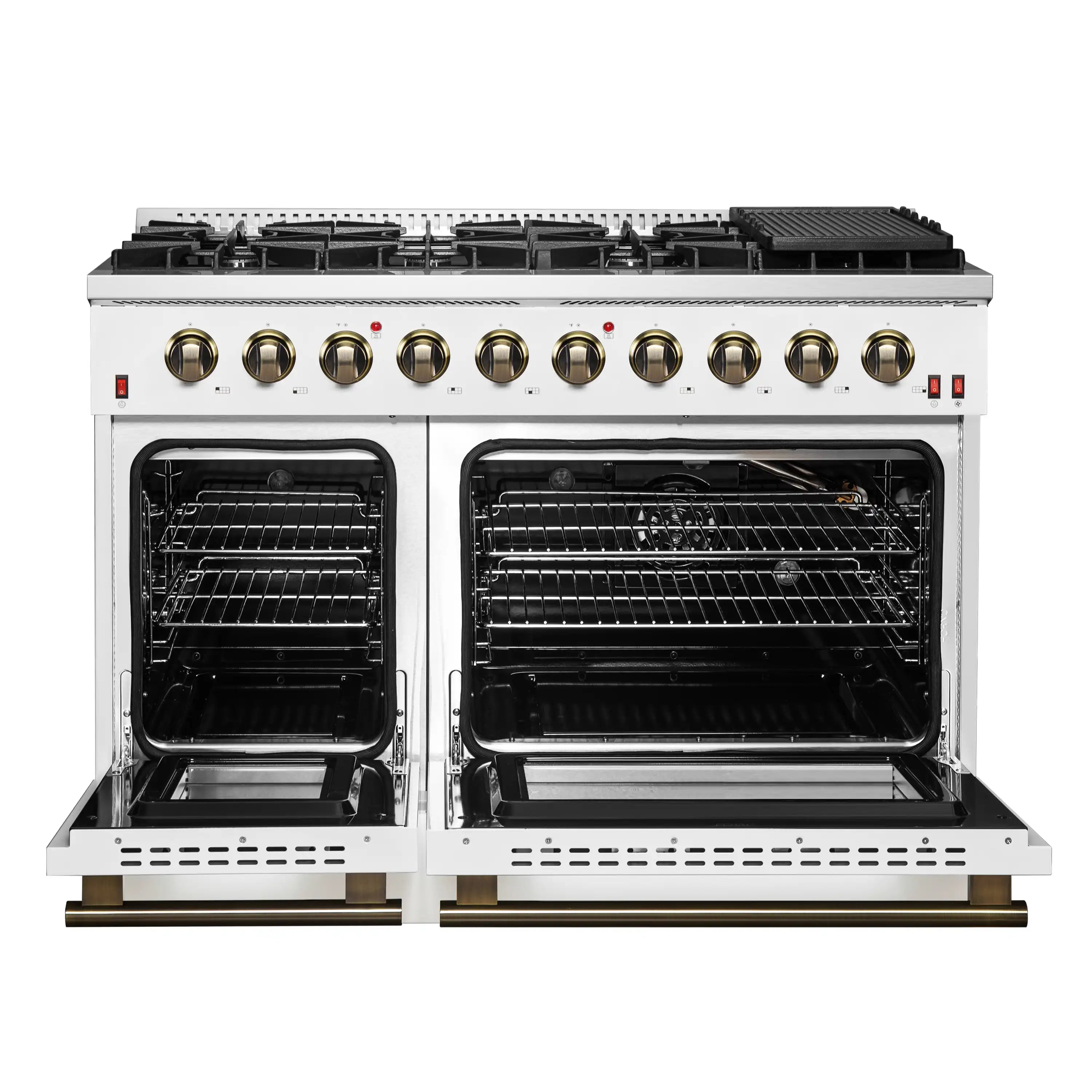 Forno Galiano 48-Inch Gas Range with 8 Burners and  6.58 Cu.Ft. Double Convection Oven in White with Antique Brass Trim (FFSGS6244-48WHT)