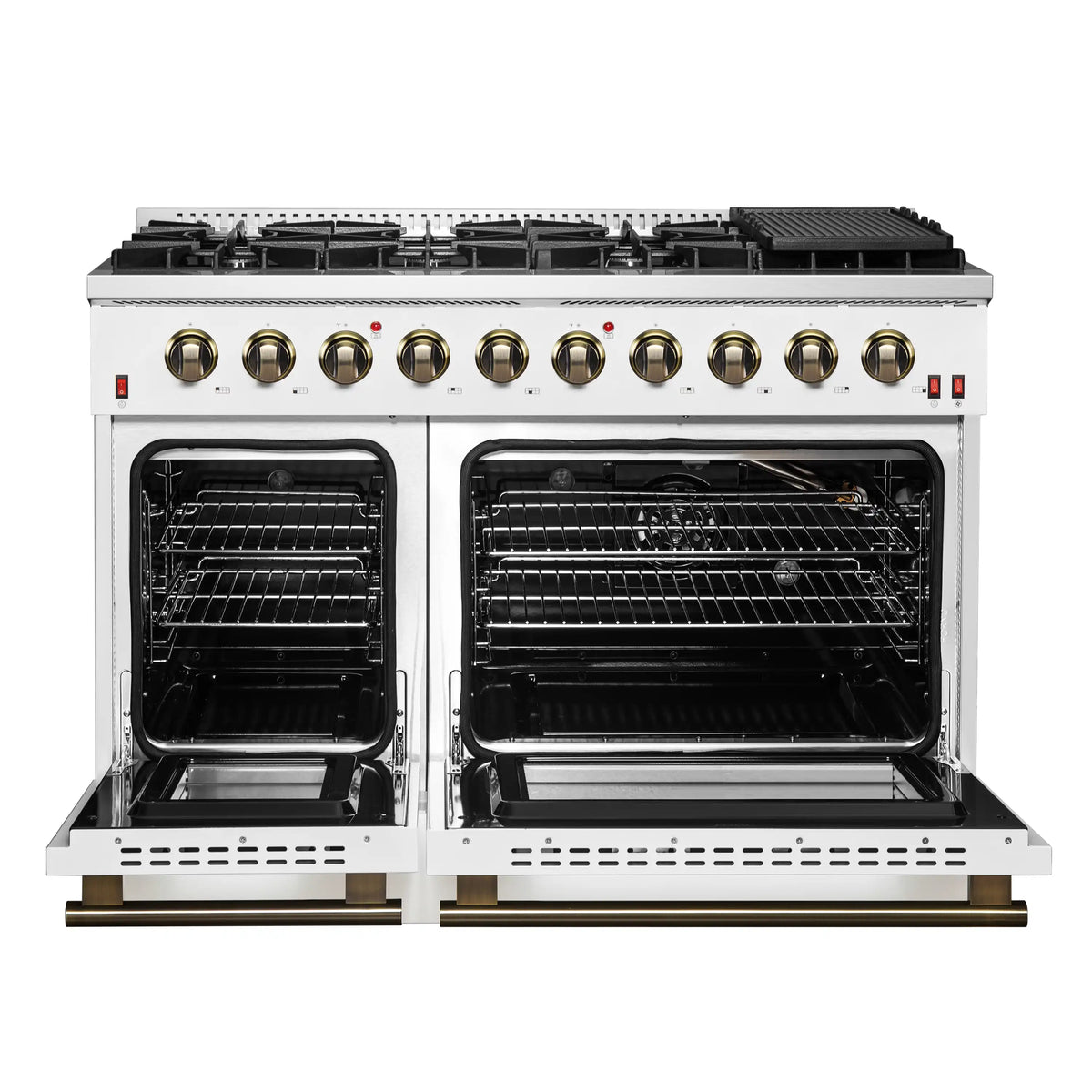 Forno 4-Piece Appliance Package - 48-Inch Gas Range, 60-Inch Refrigerator, Dishwasher, & 24-Inch Microwave Drawer in White with Antique Brass Trim