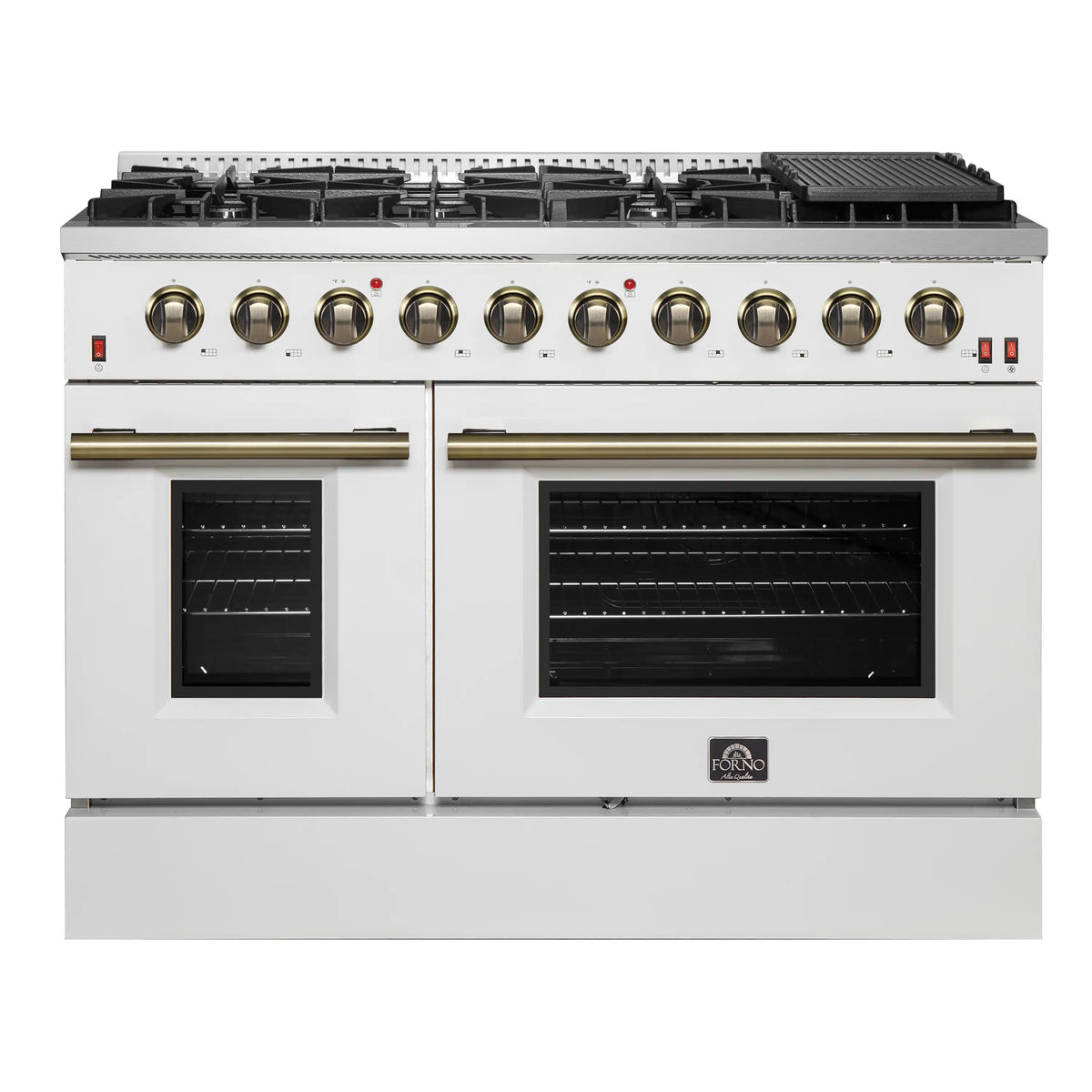 Forno 5-Piece Appliance Package - 48-Inch Gas Range, Wall Mount Range Hood, 60-Inch Refrigerator, Dishwasher, & 30-Inch Microwave Oven in White with Antique Brass Trim
