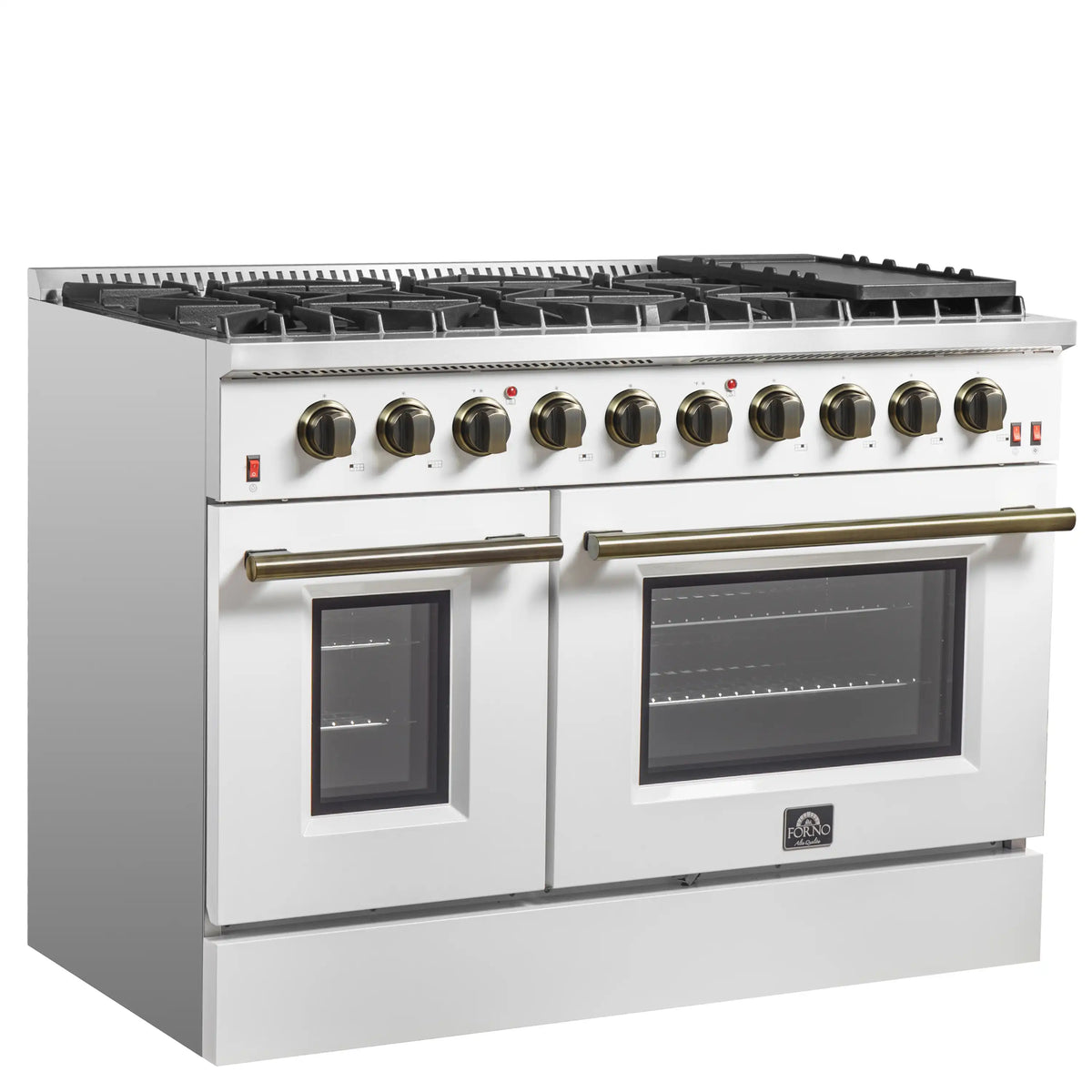 Forno 5-Piece Appliance Package - 48-Inch Gas Range, Wall Mount Range Hood, 60-Inch Refrigerator, Dishwasher, & 30-Inch Microwave Oven in White with Antique Brass Trim