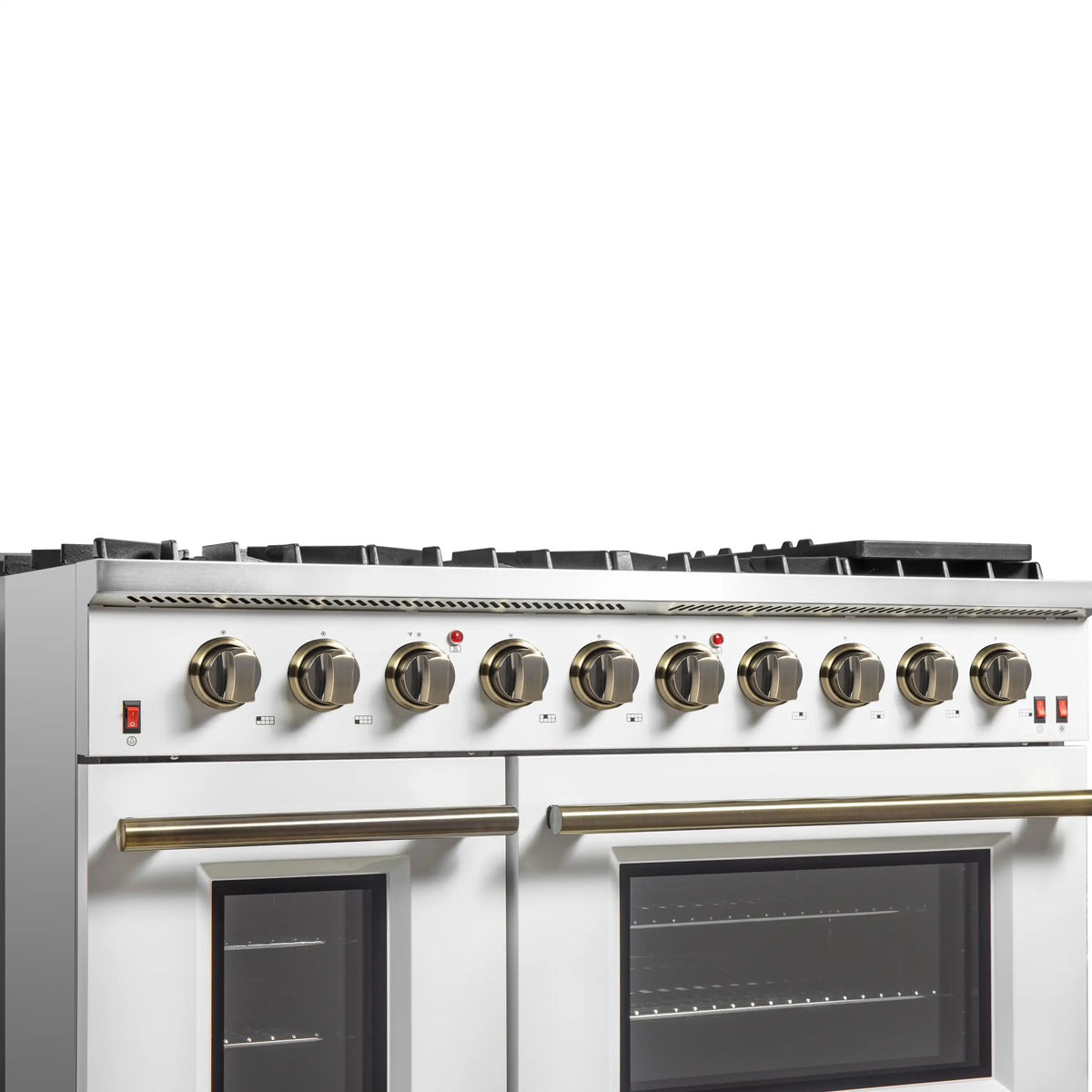 Forno 5-Piece Appliance Package - 48-Inch Gas Range, Wall Mount Range Hood, 60-Inch Refrigerator, Dishwasher, & 30-Inch Microwave Oven in White with Antique Brass Trim