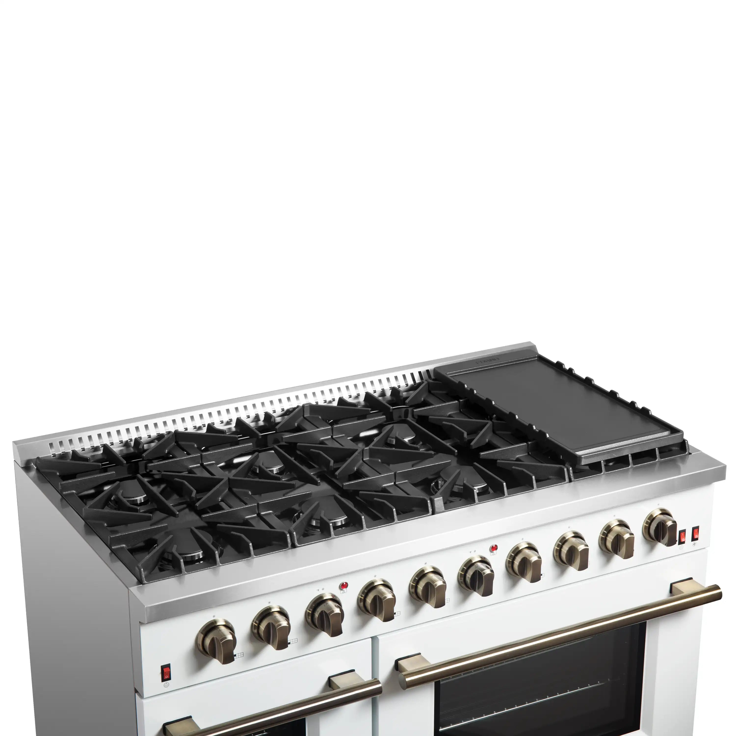 Forno Galiano 48-Inch Gas Range with 8 Burners and  6.58 Cu.Ft. Double Convection Oven in White with Antique Brass Trim (FFSGS6244-48WHT)