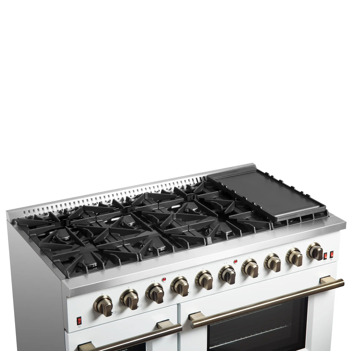 Forno 4-Piece Appliance Package - 48-Inch Gas Range, 60-Inch Refrigerator, Dishwasher, & 24-Inch Microwave Drawer in White with Antique Brass Trim
