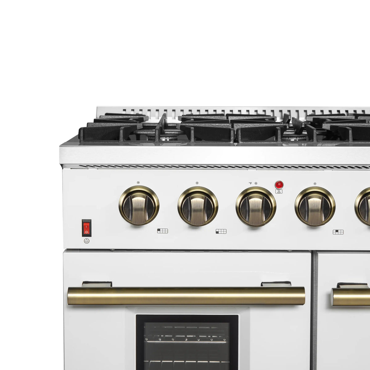 Forno 5-Piece Appliance Package - 48-Inch Gas Range, Wall Mount Range Hood, 60-Inch Refrigerator, Dishwasher, & 24-Inch Microwave Drawer in White with Antique Brass Trim