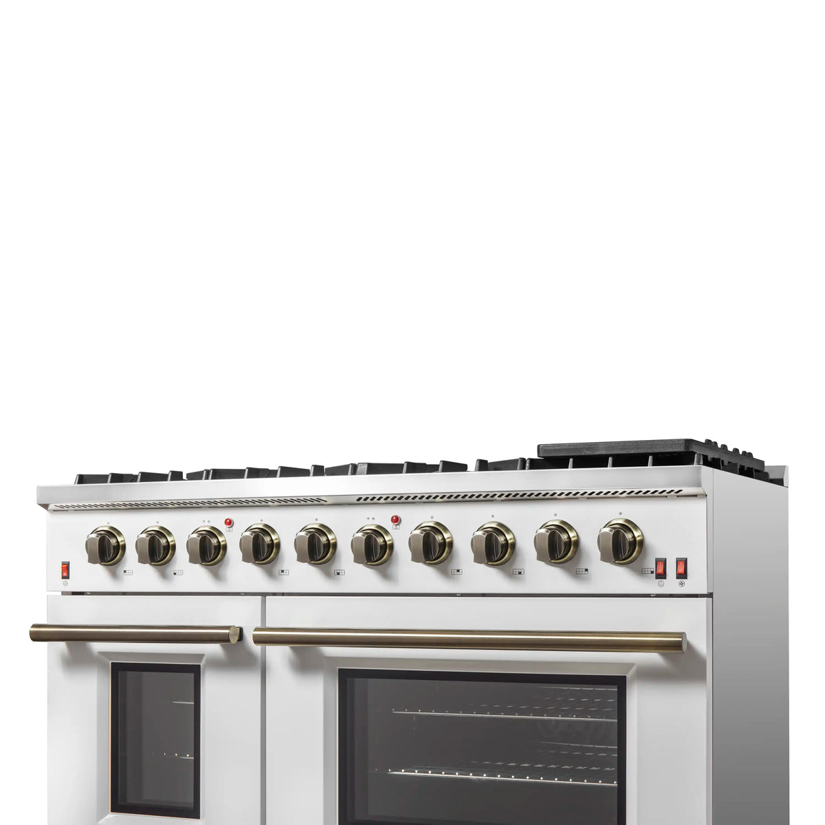 Forno 4-Piece Appliance Package - 48-Inch Galiano Gas Range, 60-Inch Refrigerator, Dishwasher, & 24-Inch Microwave Drawer in White with Antique Brass Trim