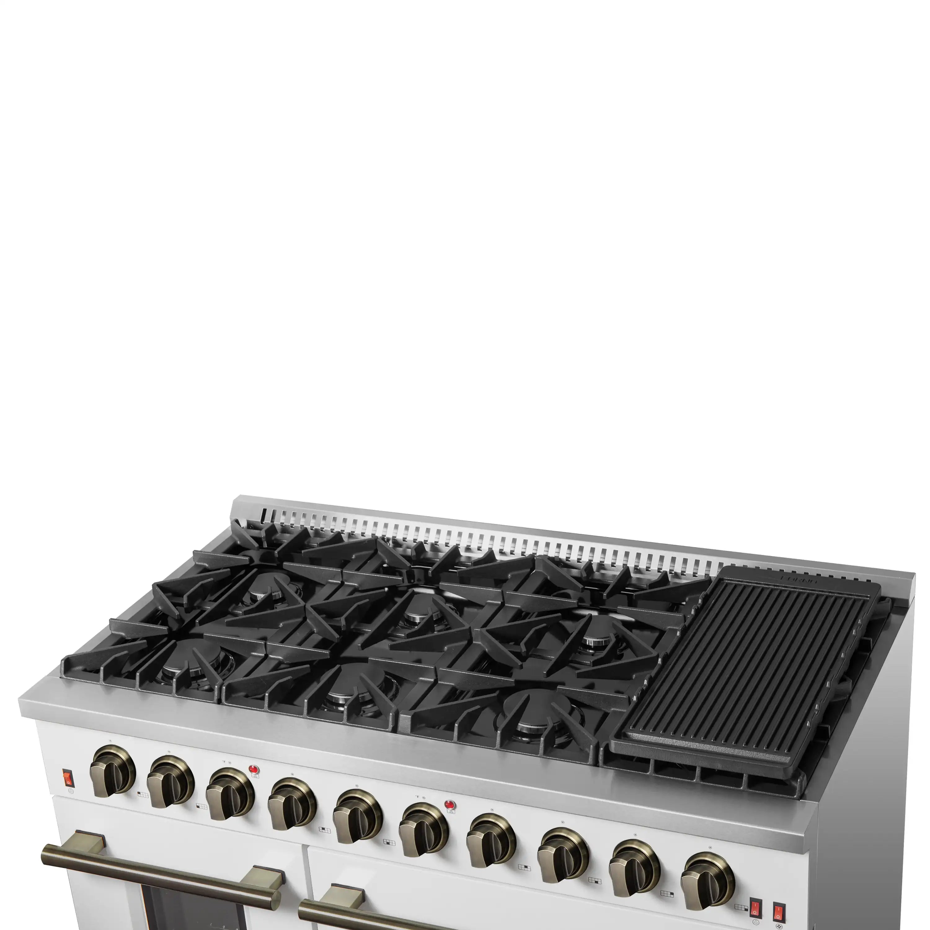 Forno Galiano 48-Inch Gas Range with 8 Burners and  6.58 Cu.Ft. Double Convection Oven in White with Antique Brass Trim (FFSGS6244-48WHT)