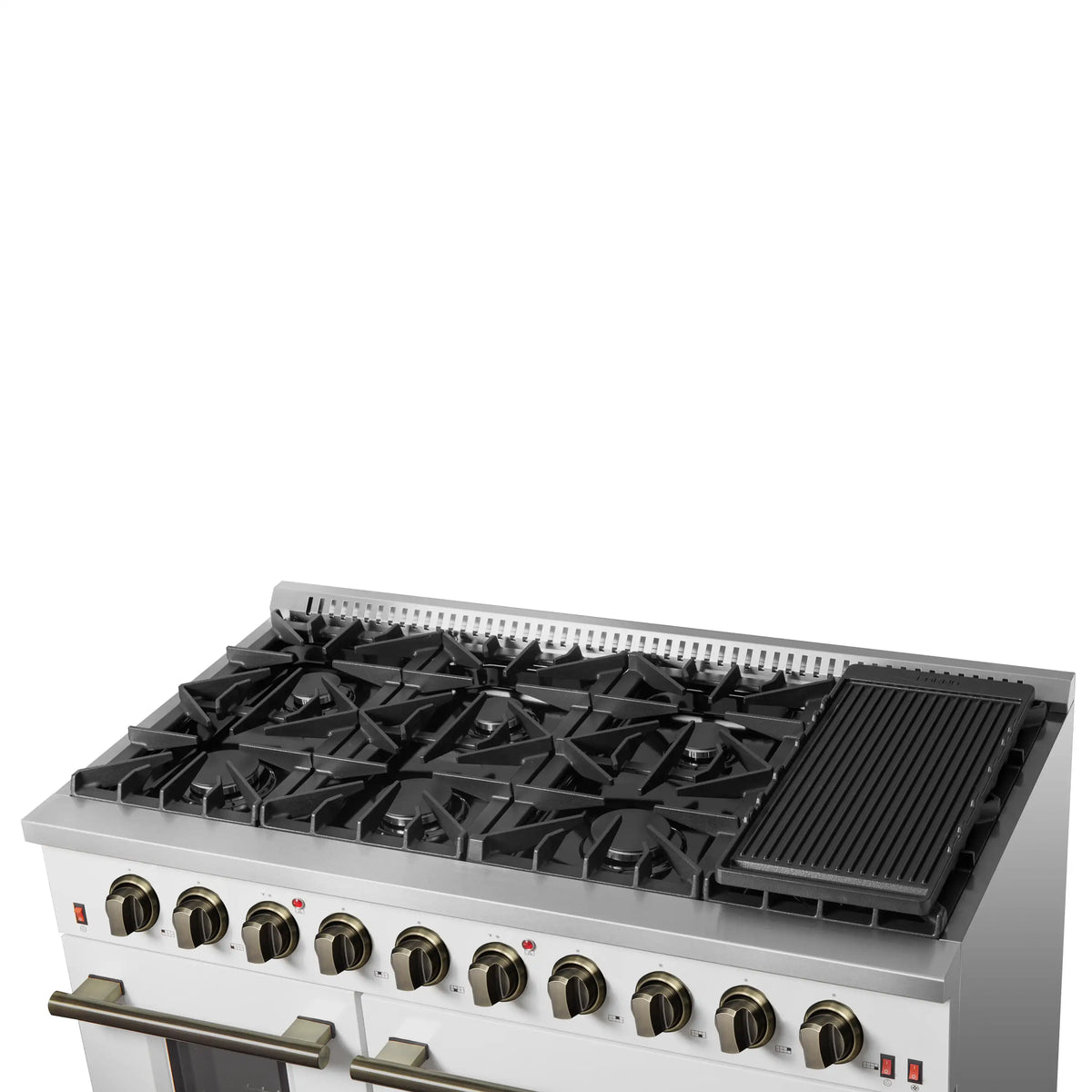 Forno 4-Piece Appliance Package - 48-Inch Galiano Gas Range, 60-Inch Refrigerator, Dishwasher, & 24-Inch Microwave Drawer in White with Antique Brass Trim