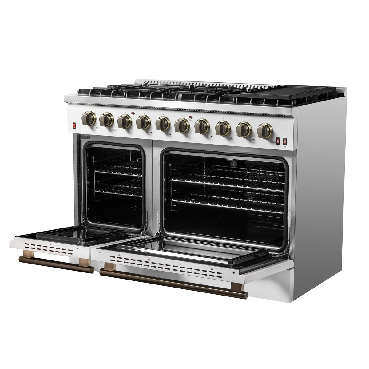 Forno 4-Piece Appliance Package - 48-Inch Gas Range, 60-Inch Refrigerator, Dishwasher, & 24-Inch Microwave Drawer in White with Antique Brass Trim