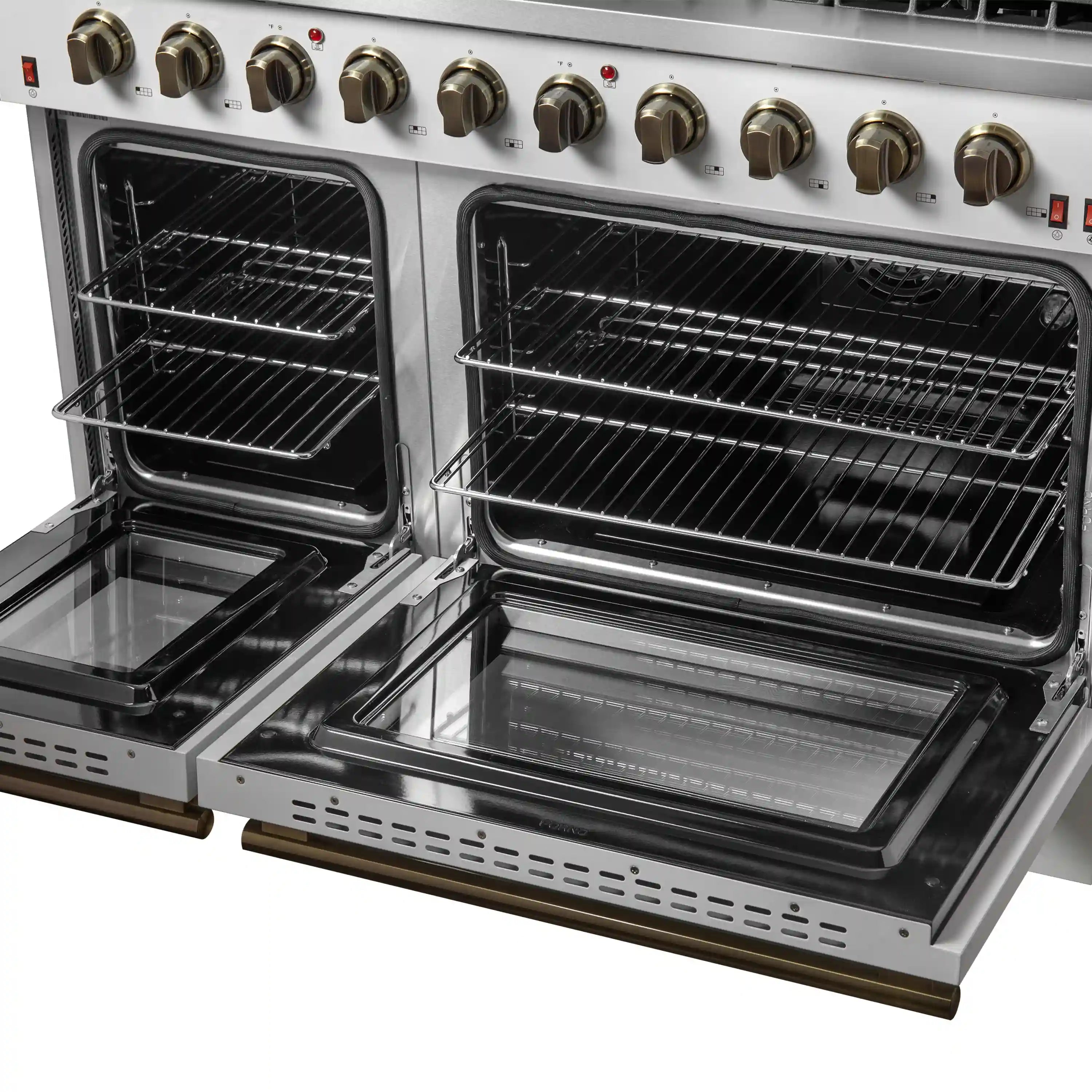Forno Galiano 48-Inch Gas Range with 8 Burners and  6.58 Cu.Ft. Double Convection Oven in White with Antique Brass Trim (FFSGS6244-48WHT)