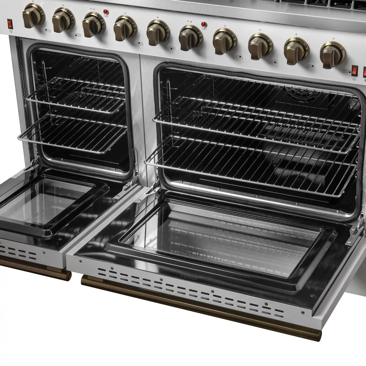 Forno 5-Piece Appliance Package - 48-Inch Gas Range, Wall Mount Range Hood, 60-Inch Refrigerator, Dishwasher, & 30-Inch Microwave Oven in White with Antique Brass Trim