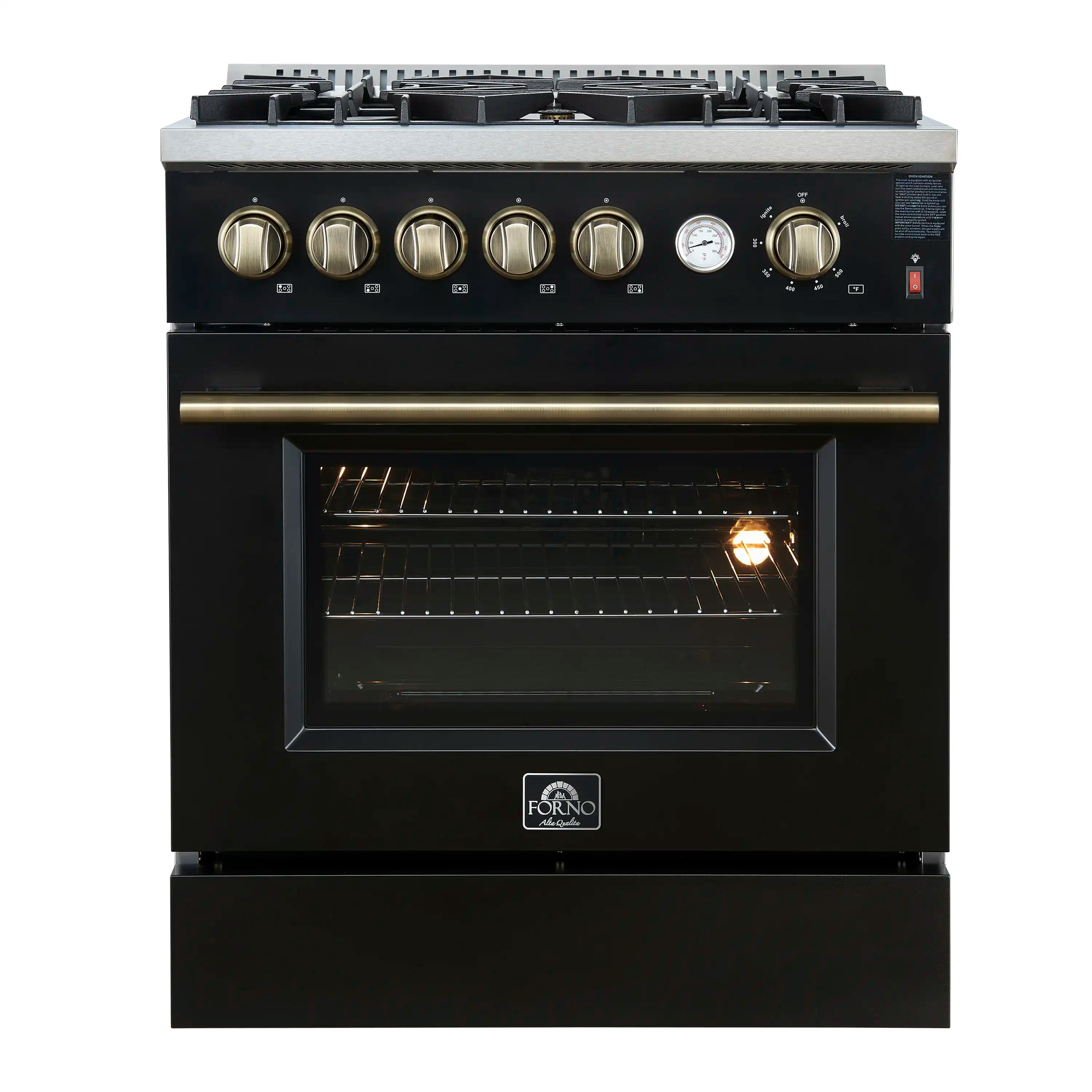 Forno Giovanni 30-Inch Gas Range with 5 Burners and 4.32 Cu.Ft. Convection Gas Oven with Temperature Gauge in Black with Antique Brass Trim (FFSGS6274-30BLK)