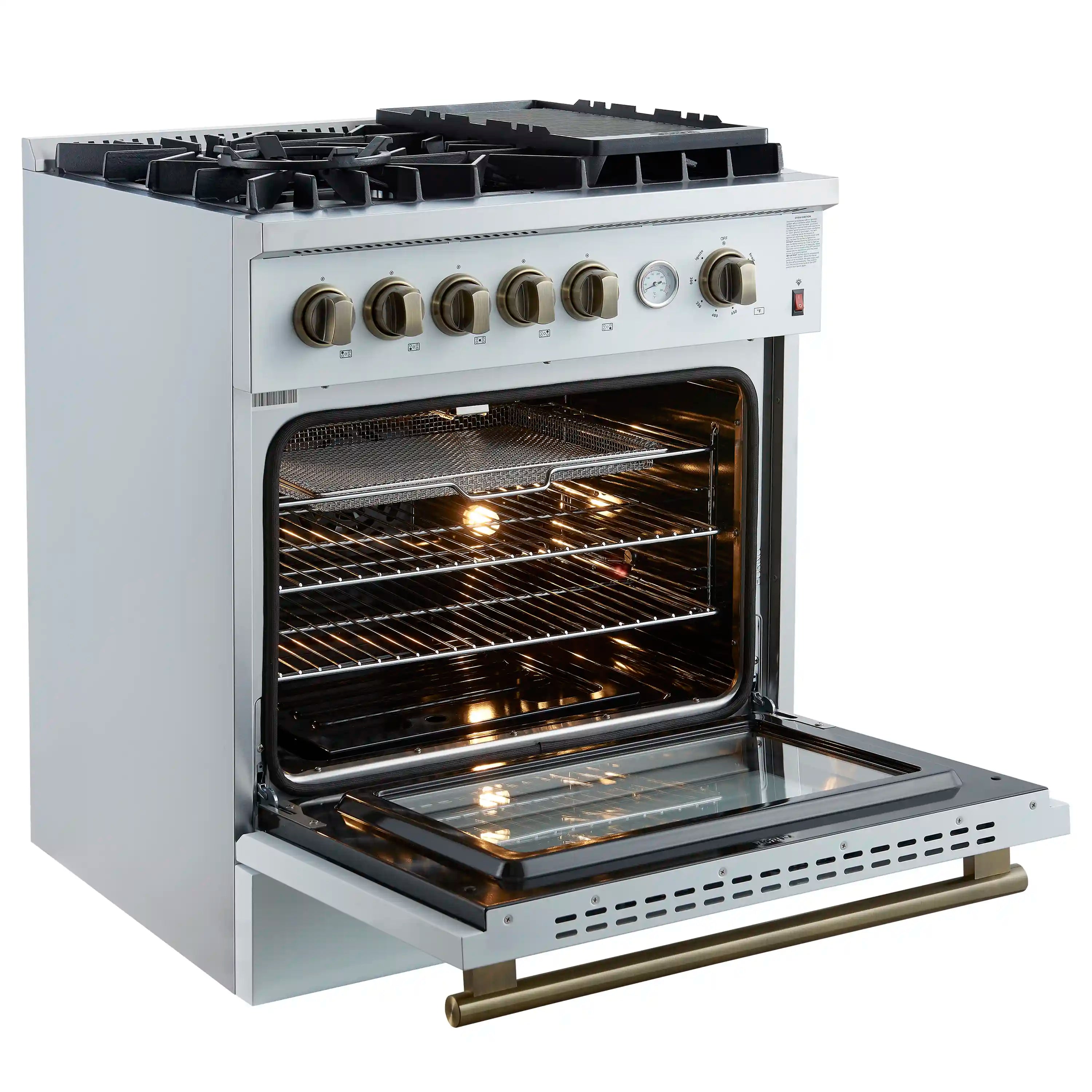 Forno Giovanni 30-Inch Gas Range with 5 Burners and 4.32 Cu.Ft. Convection Gas Oven with Temperature Gauge in White with Antique Brass Trim (FFSGS6274-30WHT)