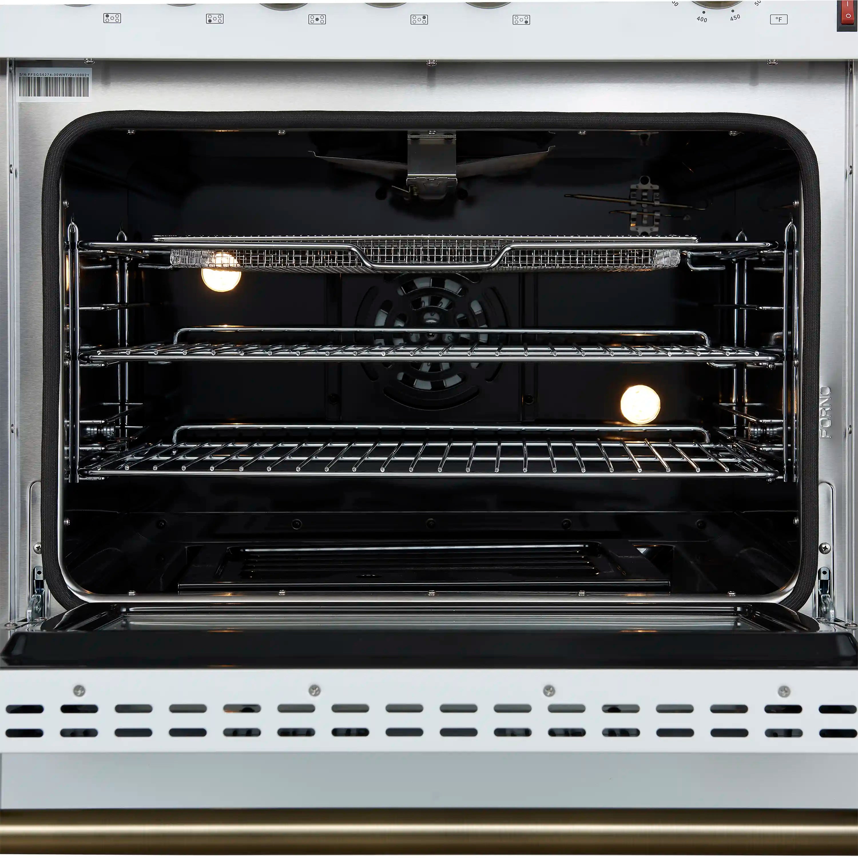 Forno Giovanni 30-Inch Gas Range with 5 Burners and 4.32 Cu.Ft. Convection Gas Oven with Temperature Gauge in White with Antique Brass Trim (FFSGS6274-30WHT)