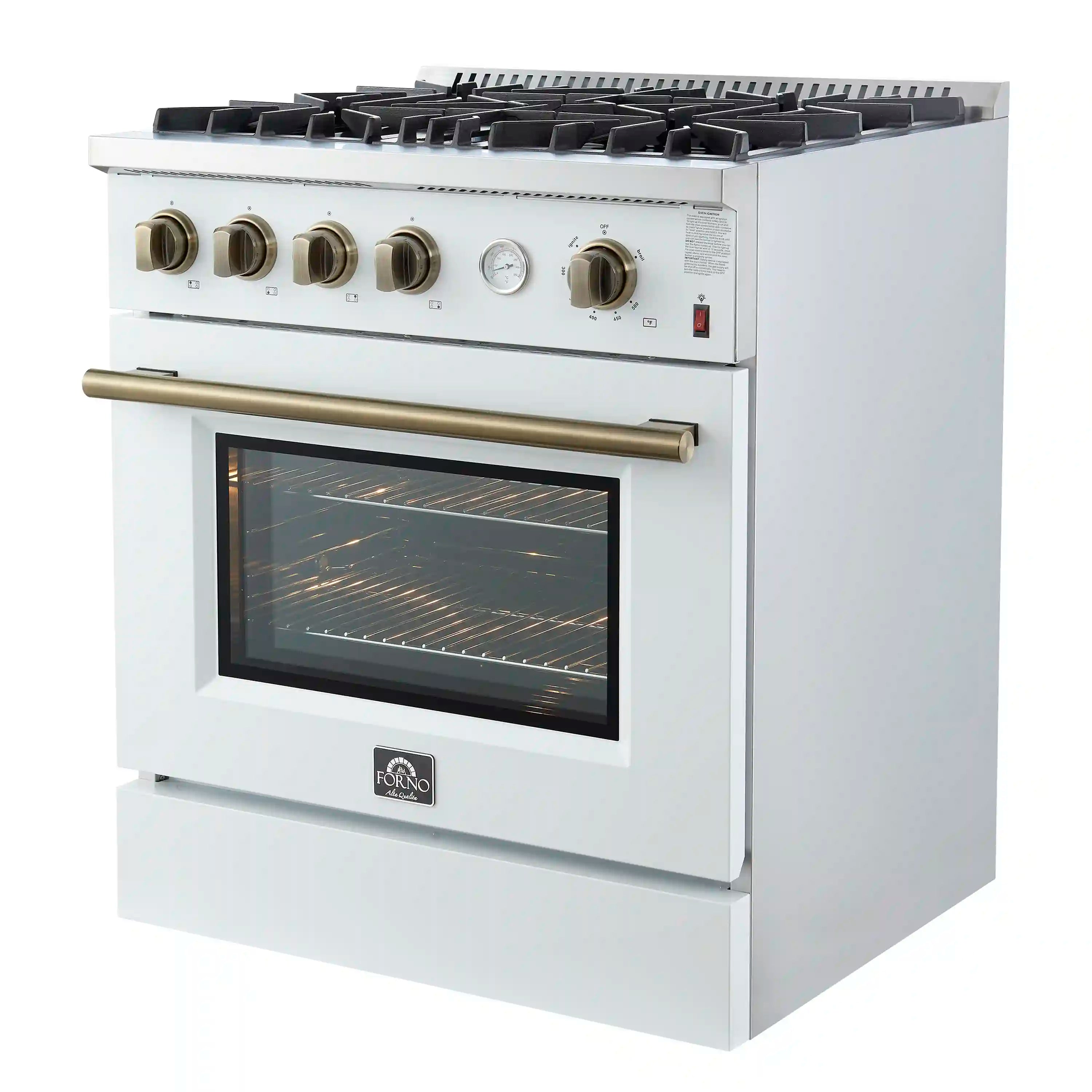 Forno Marco 30-Inch Gas Range with 4 Burners and 4.32 Cu.Ft. Convection Oven in White with Antique Brass Trim (FFSGS6277-30WHT)