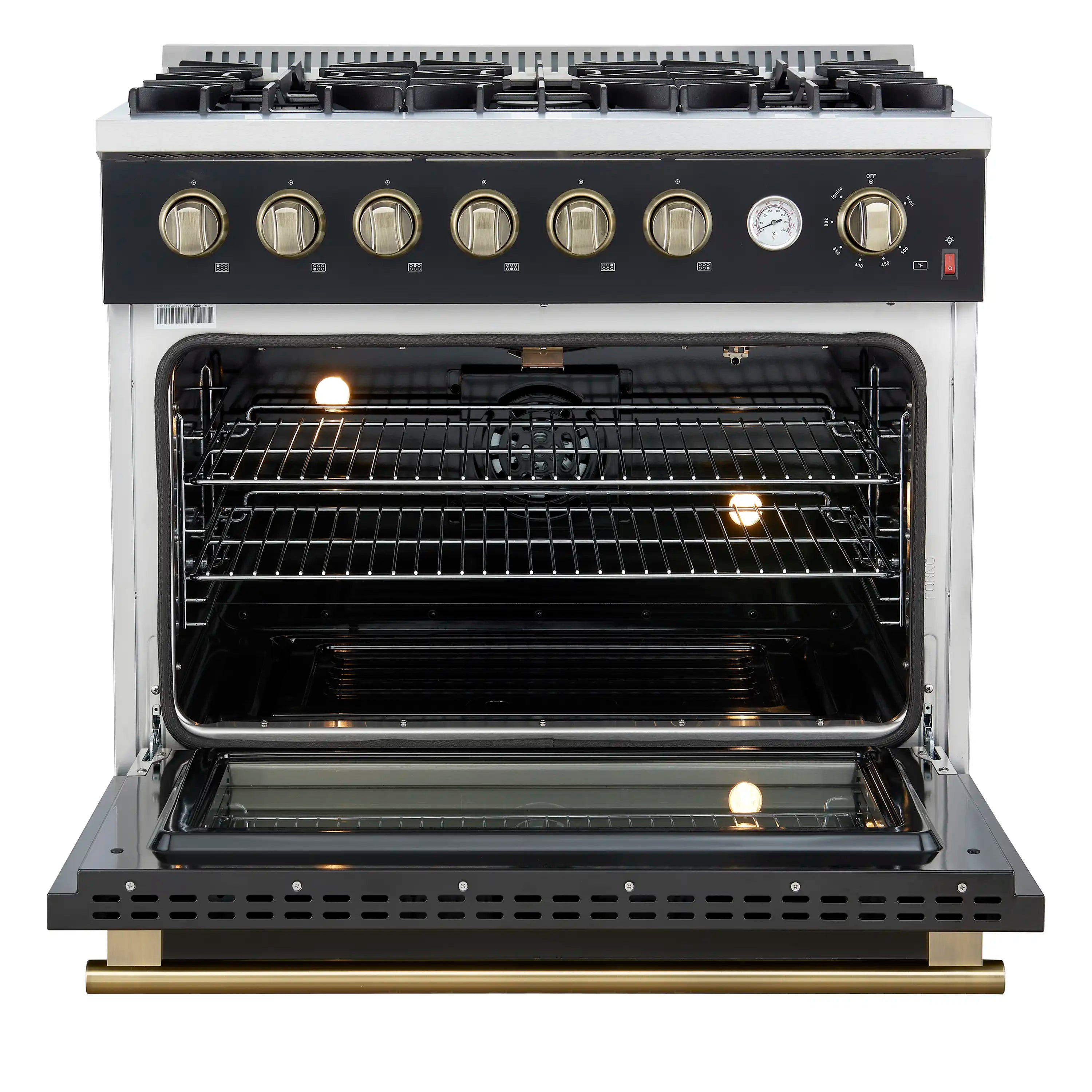 Forno Marco 36-Inch Gas Range with 6 Burners and 5.36 Cu.Ft. Convection Oven in Black with Antique Brass Trim (FFSGS6277-36BLK)