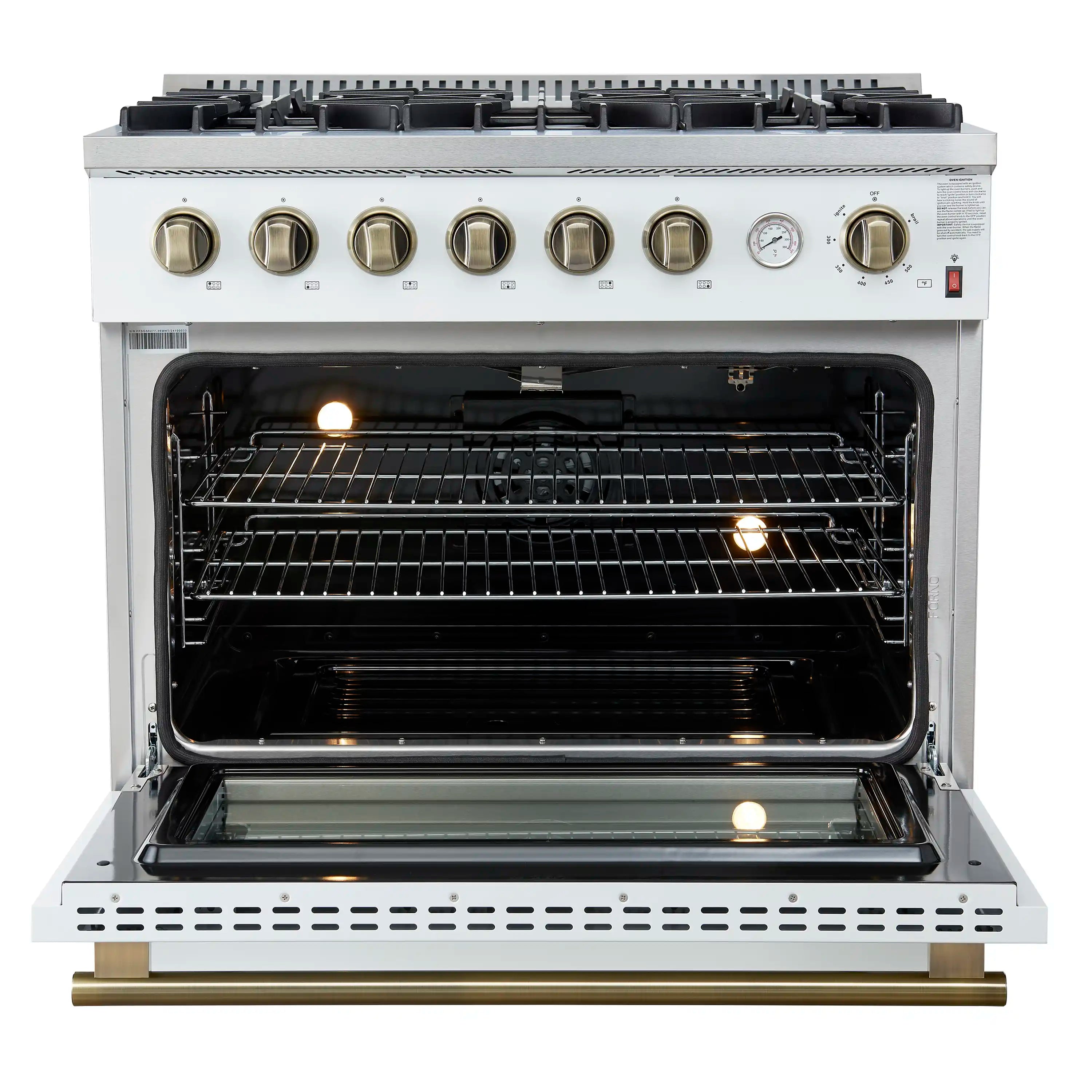 Forno Marco 36-Inch Gas Range with 6 Burners and 5.36 Cu.Ft. Convection Oven in White with Antique Brass Trim (FFSGS6277-36WHT)