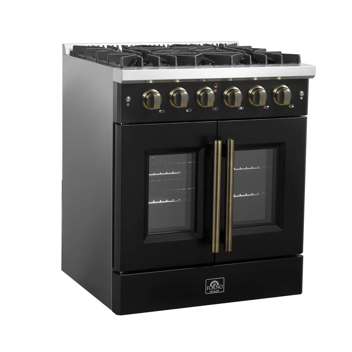 Forno 5-Piece Appliance Package - 30-inch Gas Range, Hood, Refrigerator, Dishwasher and 24-Inch Microwave Oven in Black with Antique Brass Trim