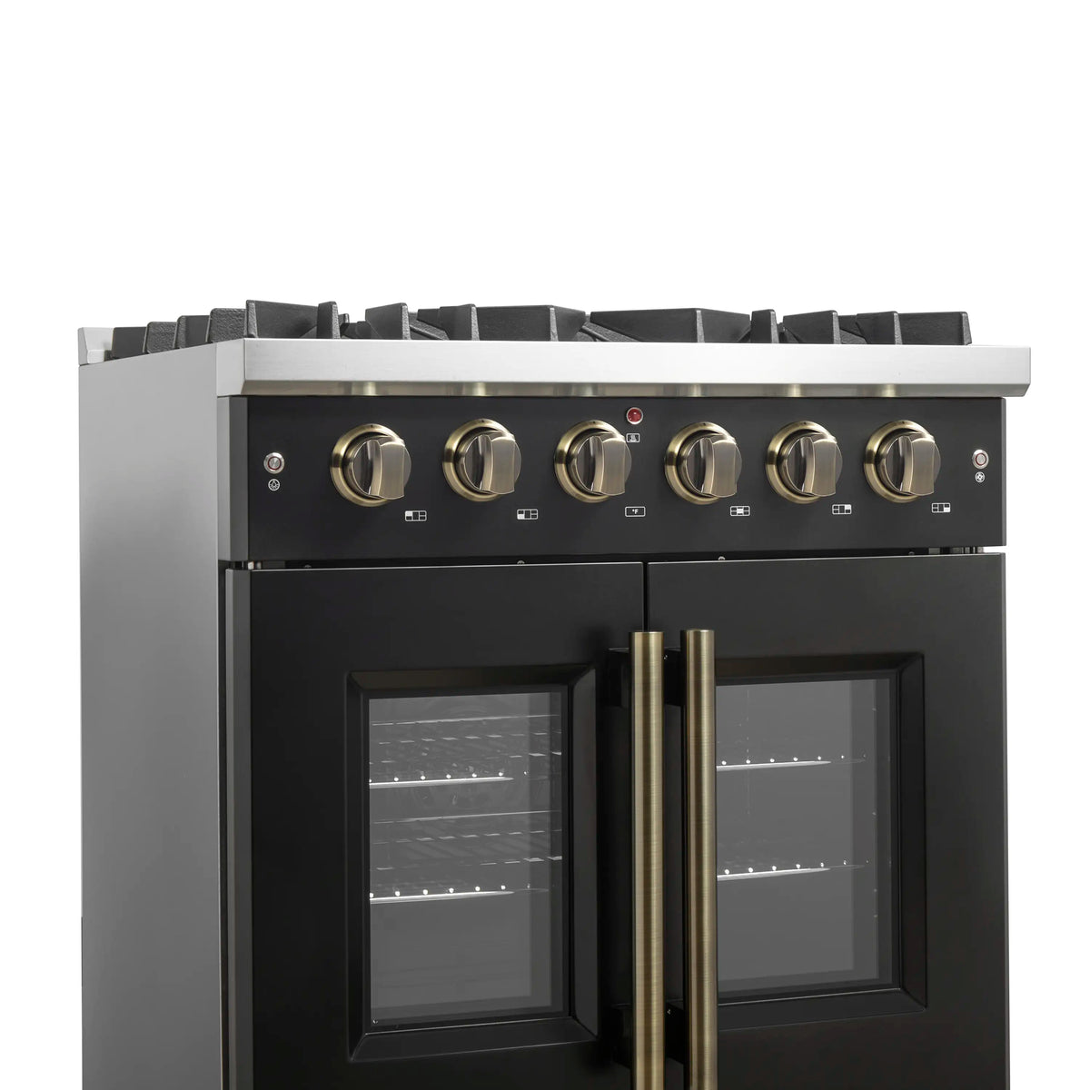 Forno 5-Piece Appliance Package - 30-inch Gas Range, Hood, Refrigerator, Dishwasher and 30-Inch Microwave Drawer in Black with Antique Brass Trim