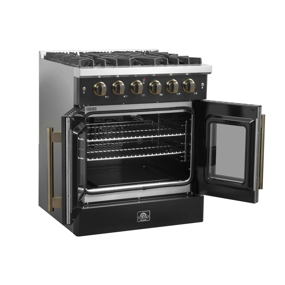 Forno 5-Piece Appliance Package - 30-inch Gas Range, Hood, Refrigerator, Dishwasher and 24-Inch Microwave Drawer in Black with Antique Brass Trim