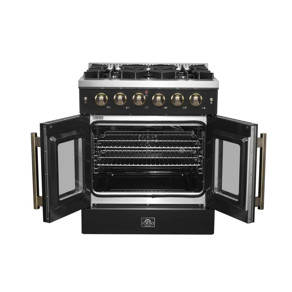 Forno 5-Piece Appliance Package - 30-inch Gas Range, Hood, Refrigerator, Dishwasher and 30-Inch Microwave Oven in Black with Antique Brass Trim