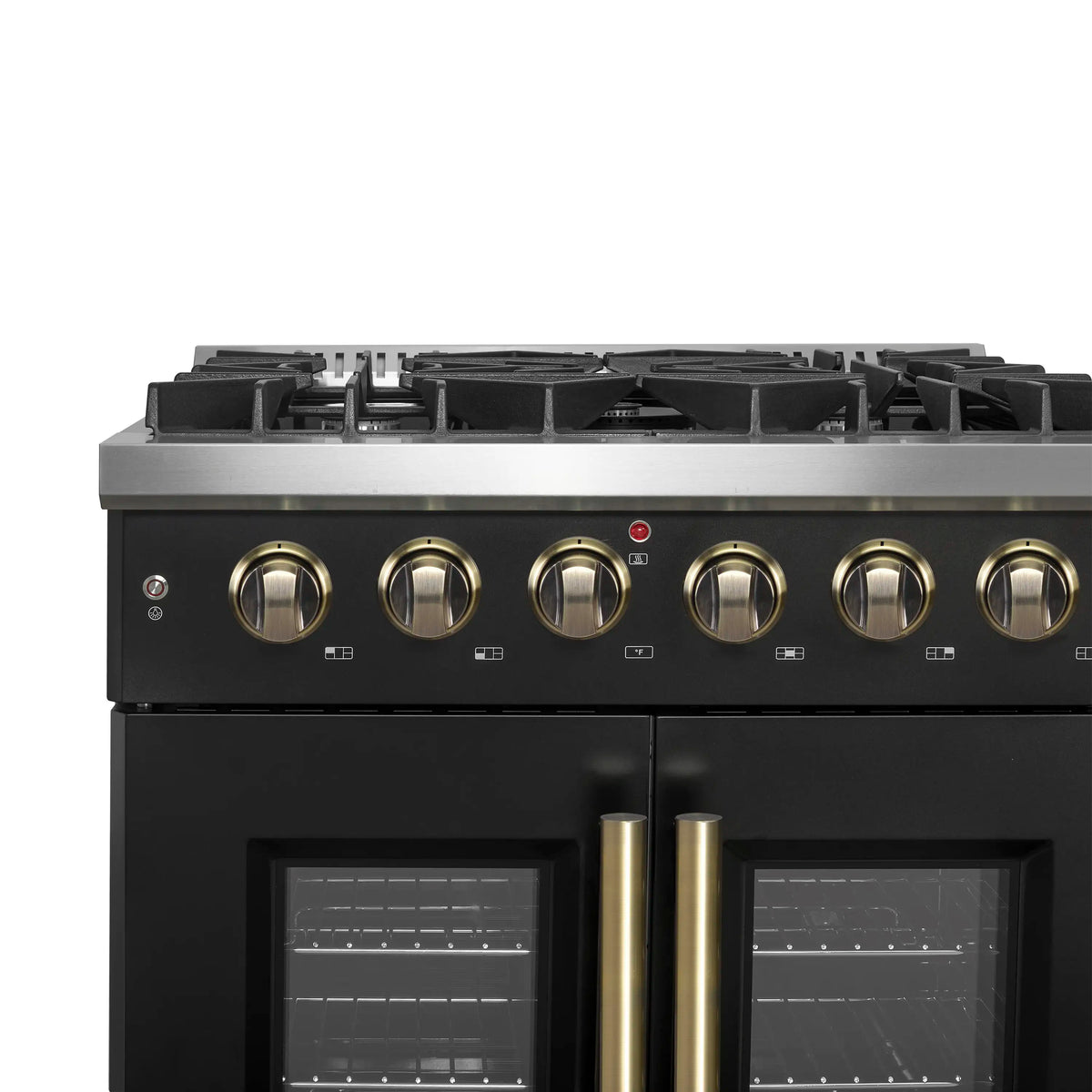 Forno 5-Piece Appliance Package - 30-inch Gas Range, Hood, Refrigerator, Dishwasher and 24-Inch Microwave Drawer in Black with Antique Brass Trim