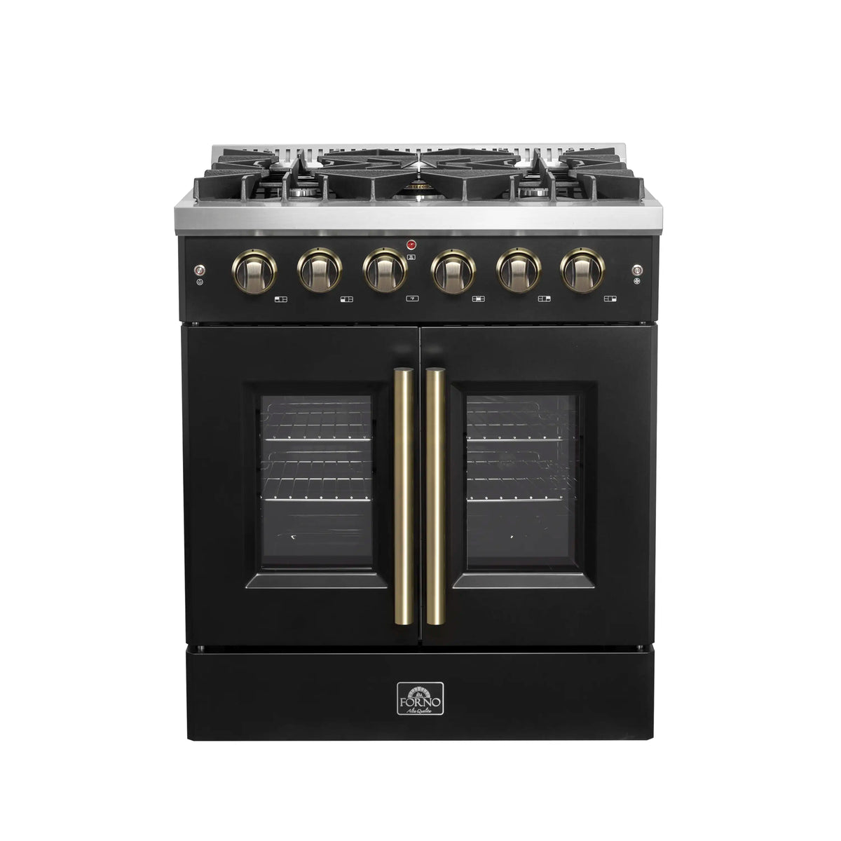 Forno 5-Piece Appliance Package - 30-inch Gas Range, Hood, Refrigerator, Dishwasher and 24-Inch Microwave Oven in Black with Antique Brass Trim