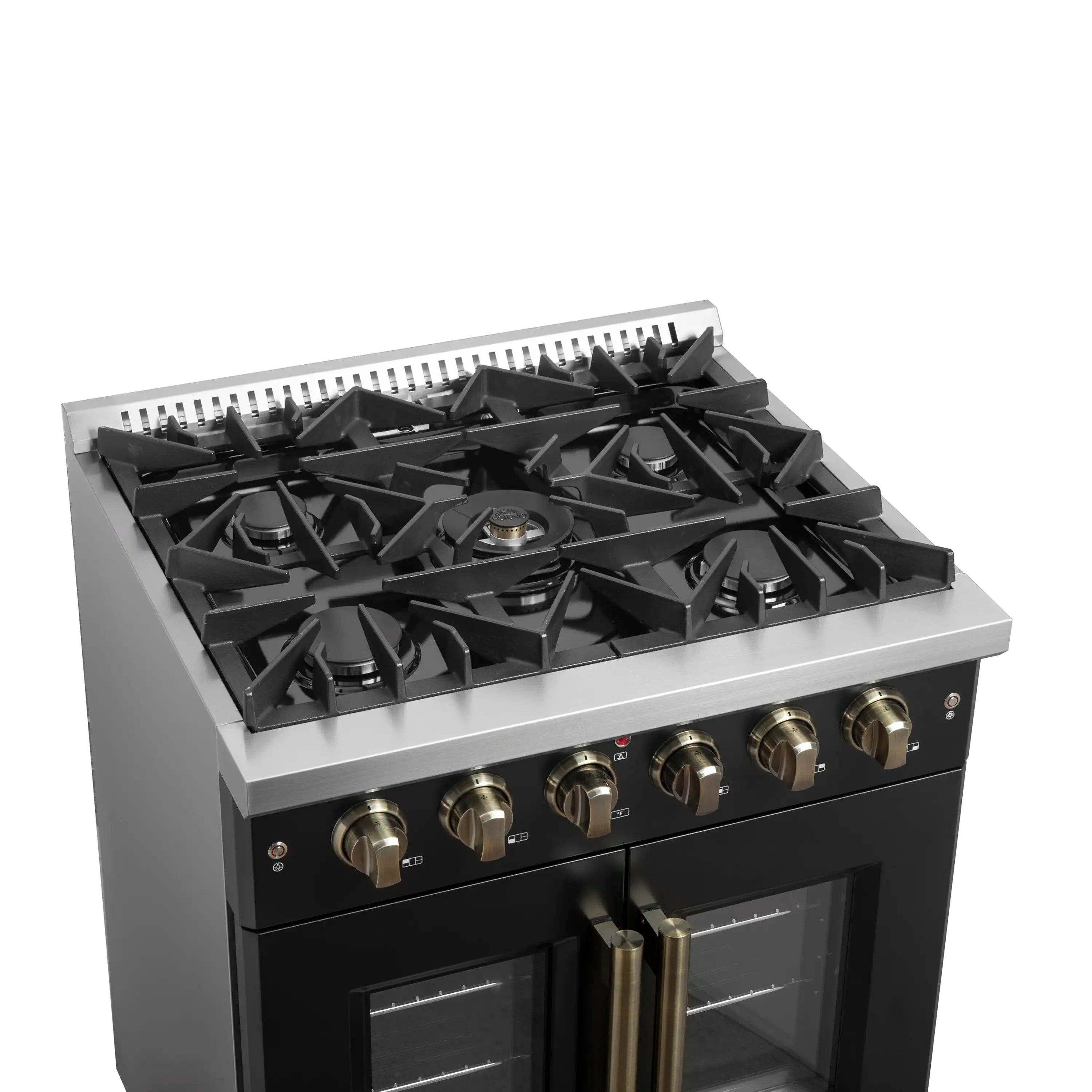 Forno Galiano 30-Inch French Door Gas Range with 5 Burners and 4.32 Cu.Ft. Convection Oven in Black with Antique Brass Trim (FFSGS6444-30BLK)