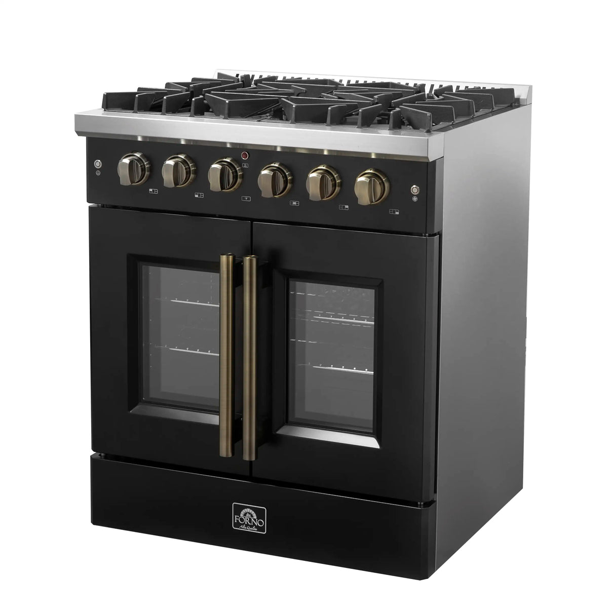 Forno 5-Piece Appliance Package - 30-inch Gas Range, Hood, Refrigerator, Dishwasher and 24-Inch Microwave Oven in Black with Antique Brass Trim