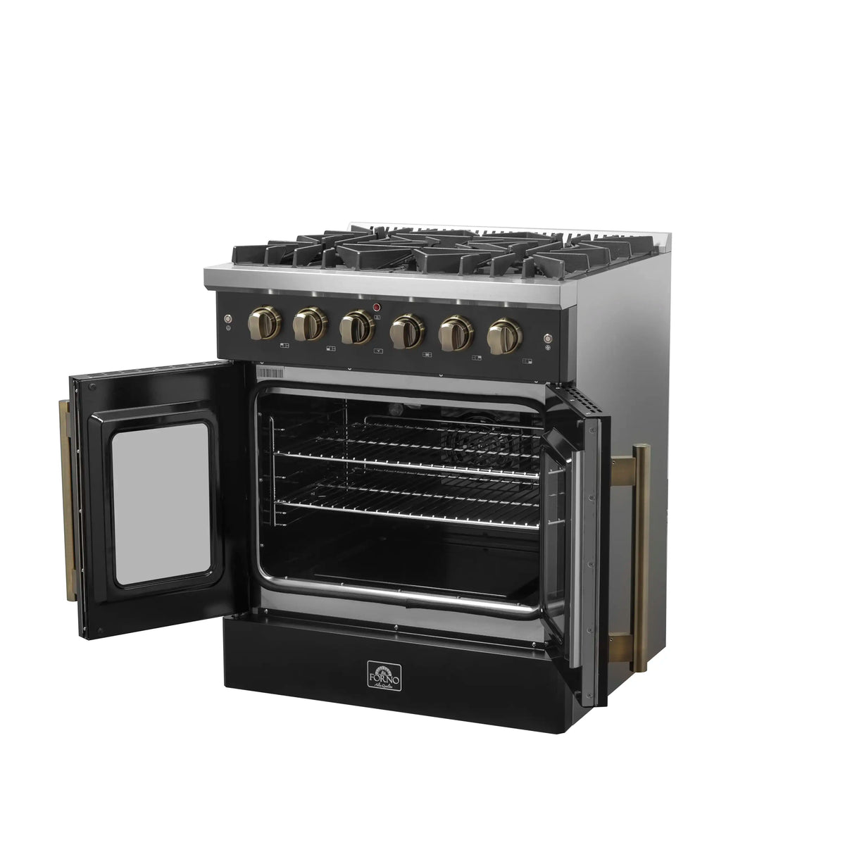 Forno 5-Piece Appliance Package - 30-inch Gas Range, Hood, Refrigerator, Dishwasher and 24-Inch Microwave Drawer in Black with Antique Brass Trim