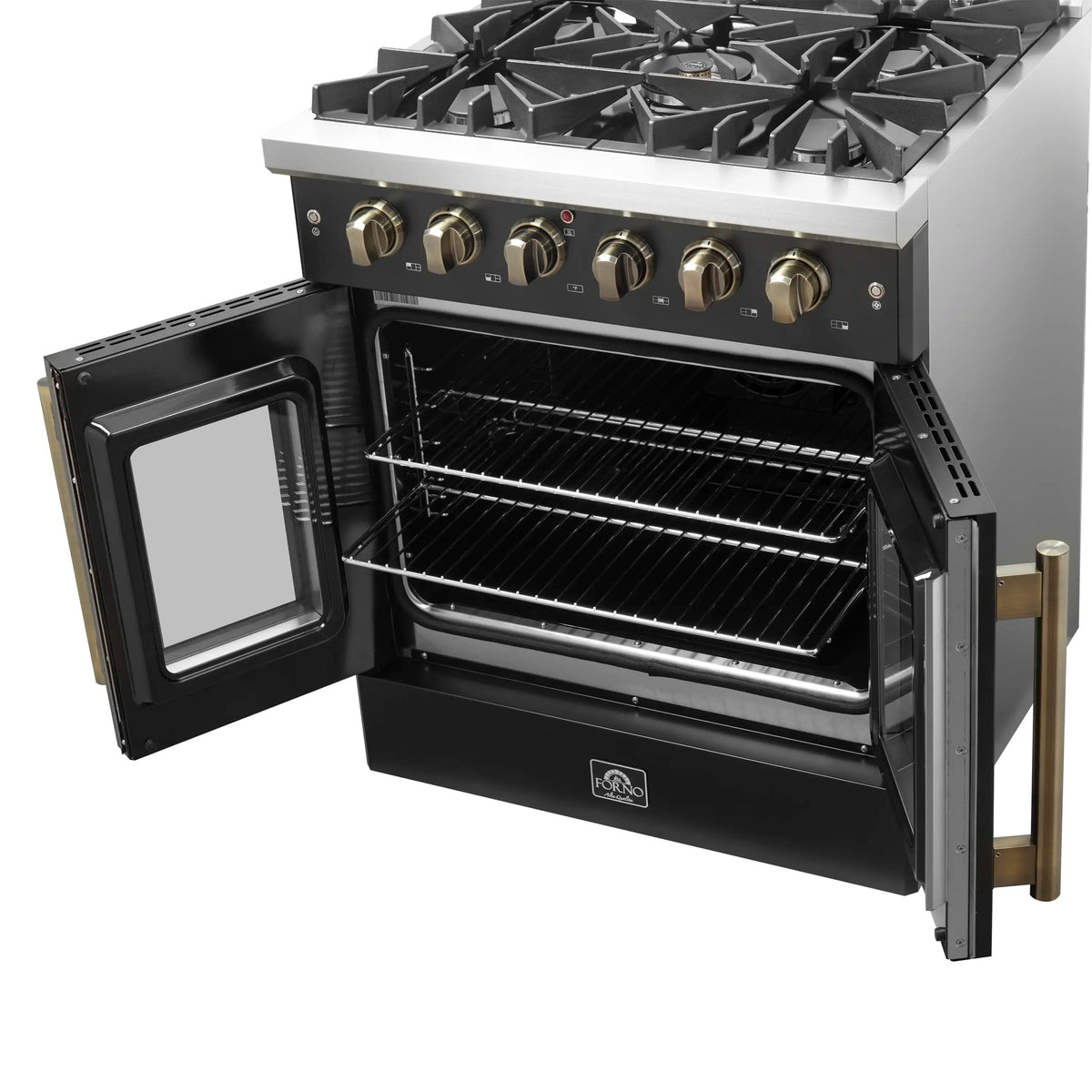 Forno 5-Piece Appliance Package - 30-inch Gas Range, Hood, Refrigerator, Dishwasher and 24-Inch Microwave Oven in Black with Antique Brass Trim