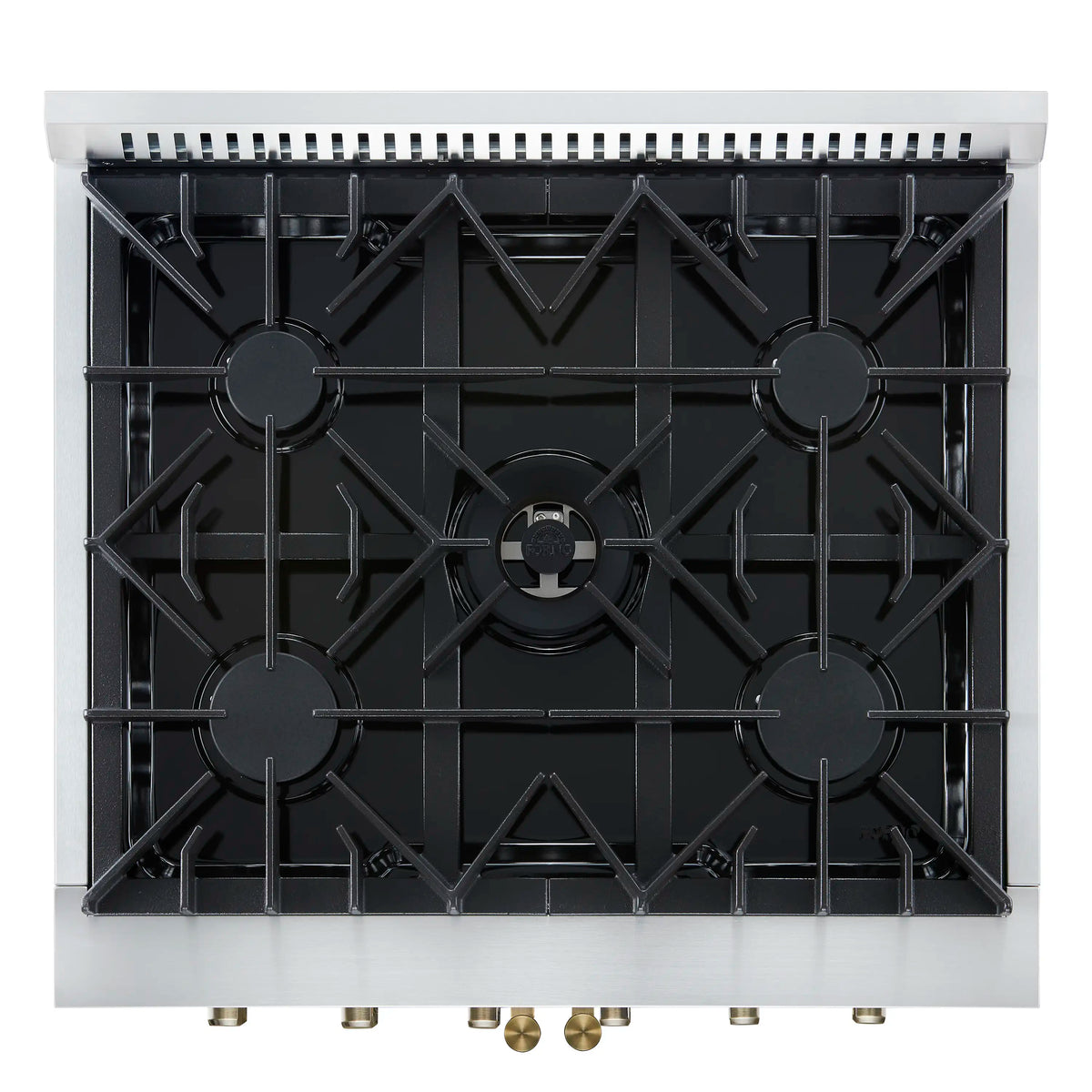 Forno 5-Piece Appliance Package - 30-inch Gas Range, Hood, Refrigerator, Dishwasher and 24-Inch Microwave Oven in White with Antique Brass Trim