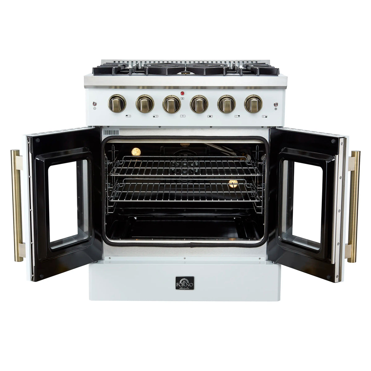 Forno 5-Piece Appliance Package - 30-inch Gas Range, Hood, Refrigerator, Dishwasher and 24-Inch Microwave Oven in White with Antique Brass Trim
