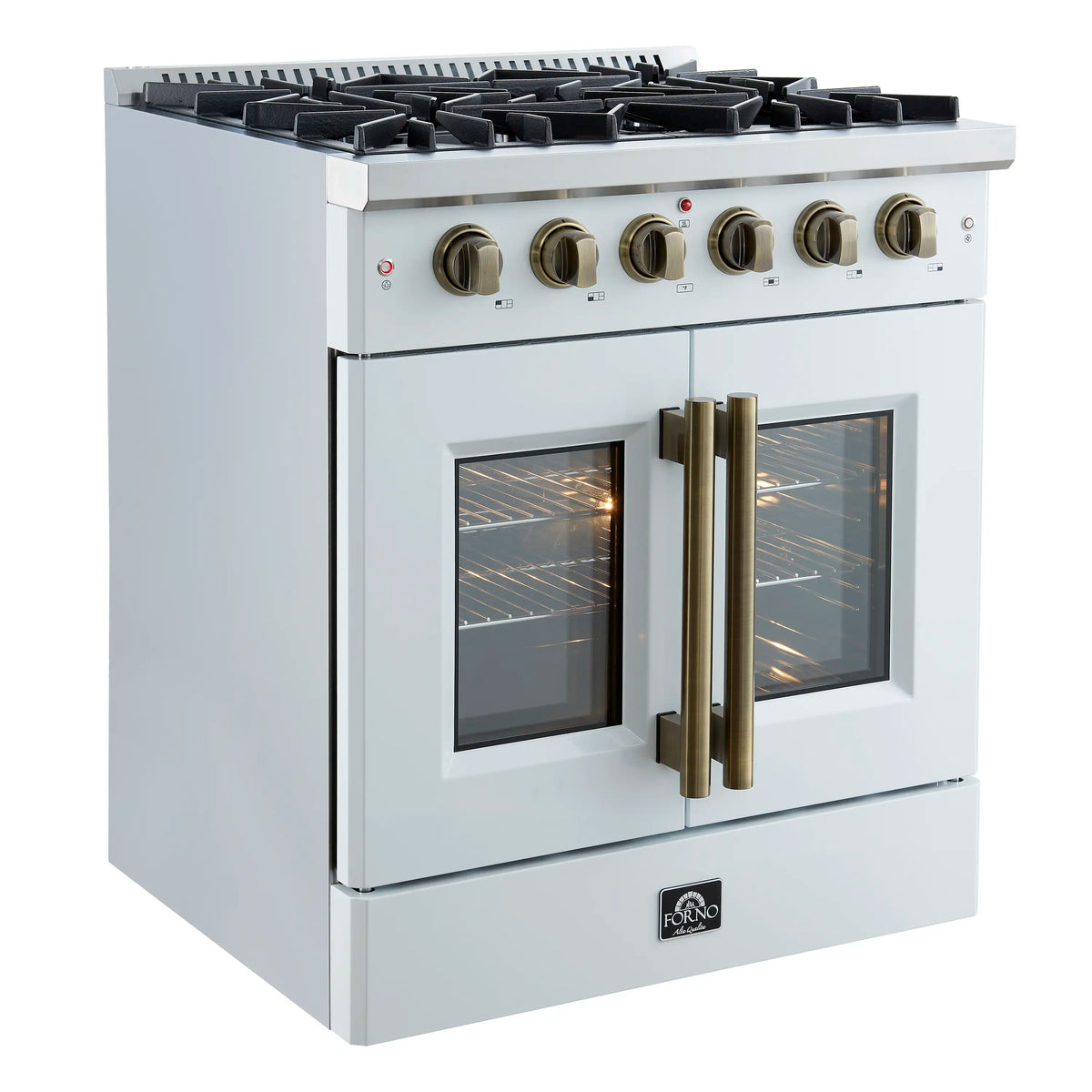 Forno 5-Piece Appliance Package - 30-inch Gas Range, Hood, Refrigerator, Dishwasher and 24-Inch Microwave Drawer in White with Antique Brass Trim