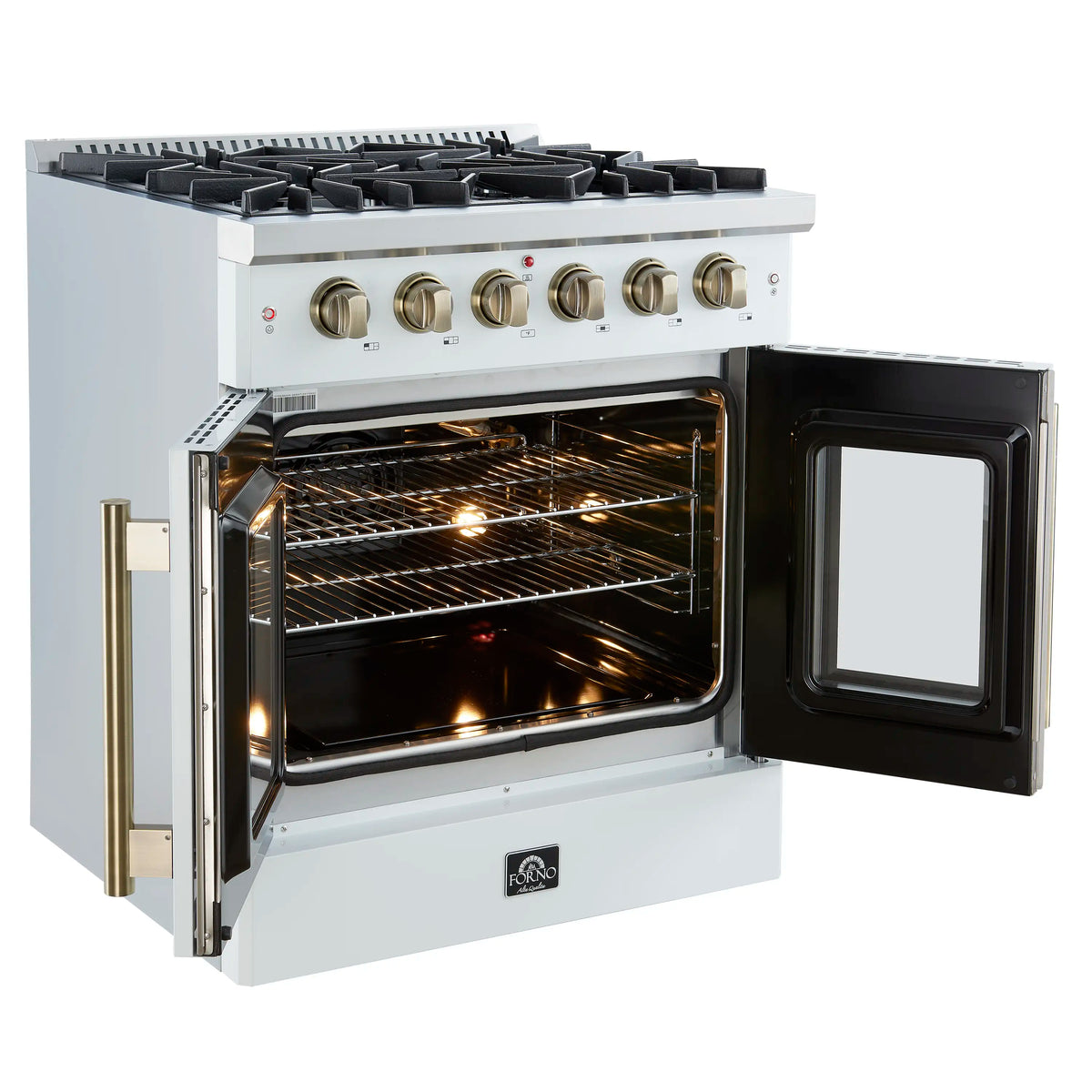 Forno 5-Piece Appliance Package - 30-inch Gas Range, Hood, Refrigerator, Dishwasher and 24-Inch Microwave Oven in White with Antique Brass Trim