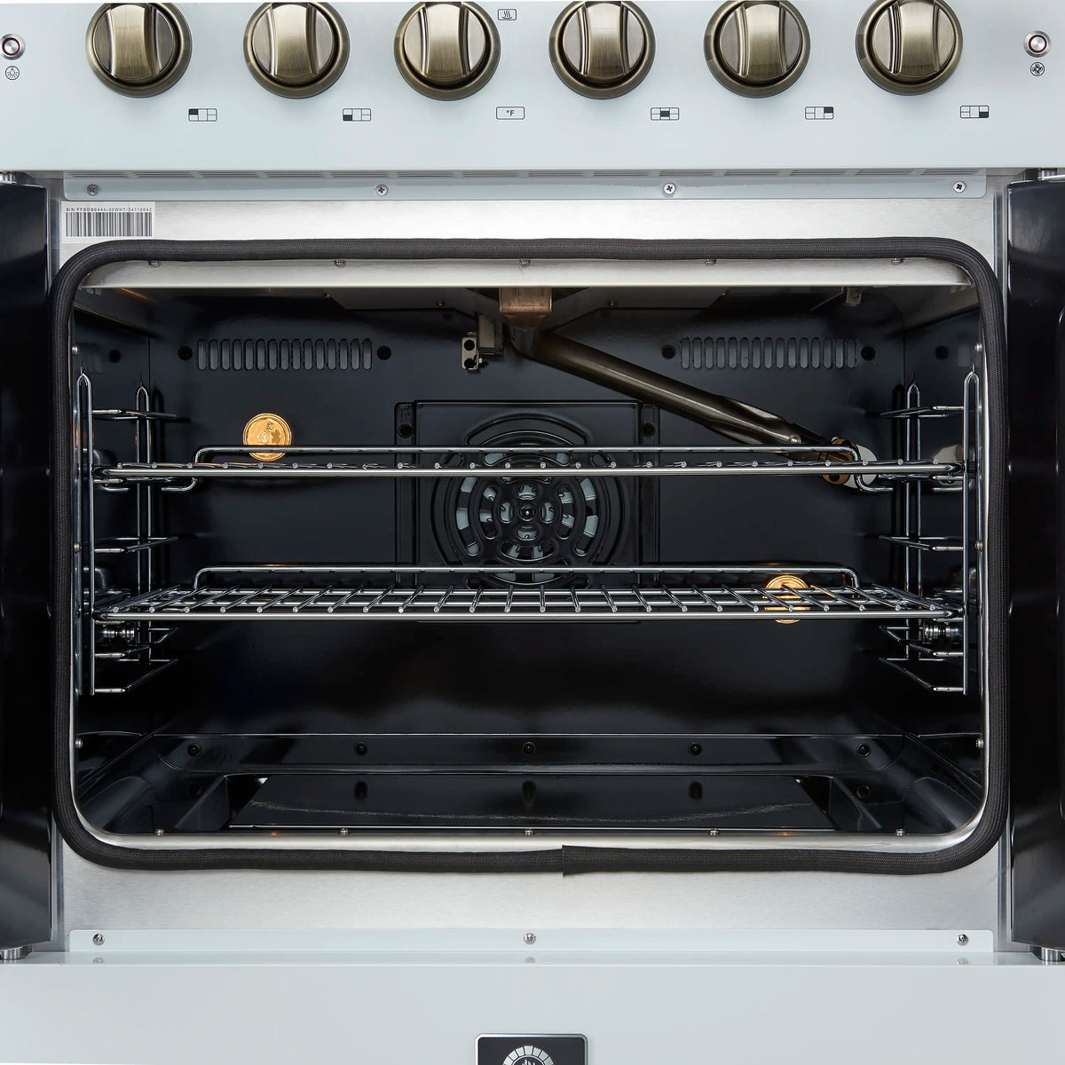 Forno 5-Piece Appliance Package - 30-inch Gas Range, Hood, Refrigerator, Dishwasher and 24-Inch Microwave Drawer in White with Antique Brass Trim