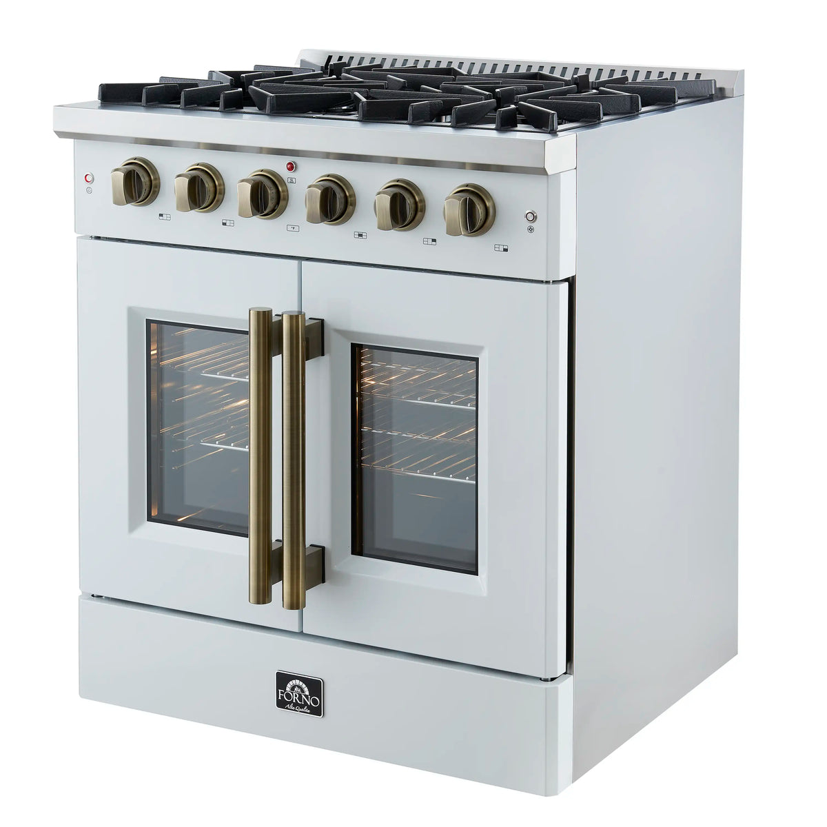 Forno 5-Piece Appliance Package - 30-inch Gas Range, Hood, Refrigerator, Dishwasher and 30-Inch Microwave Drawer in White with Antique Brass Trim
