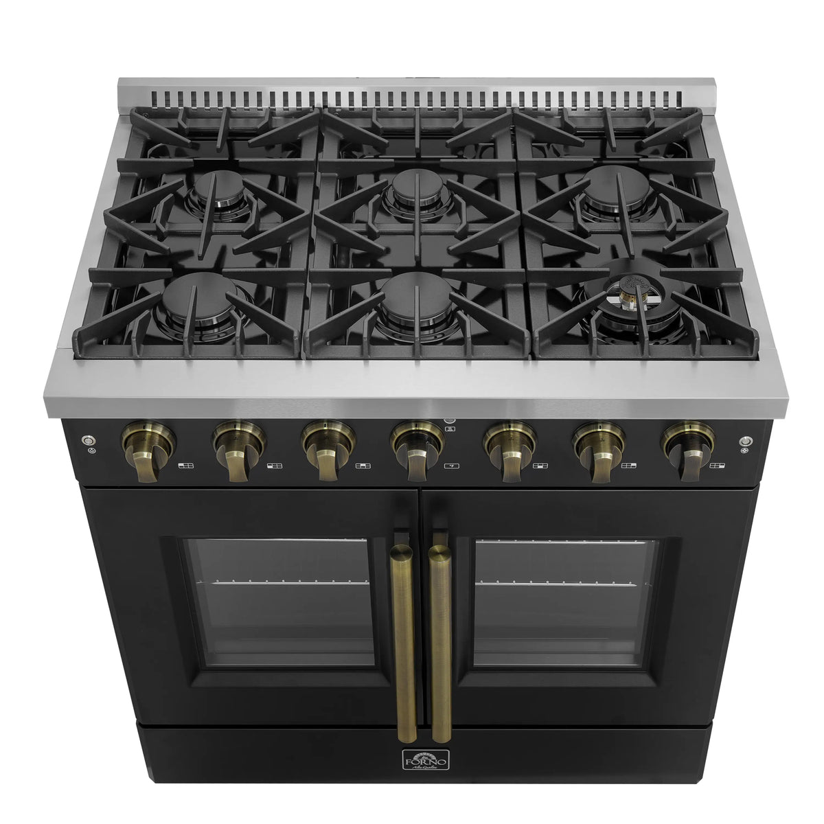 Forno 5-Piece Appliance Package - 36-inch Gas Range, Hood, Refrigerator, Dishwasher and 30-Inch Microwave Drawer in Black with Antique Brass Trim