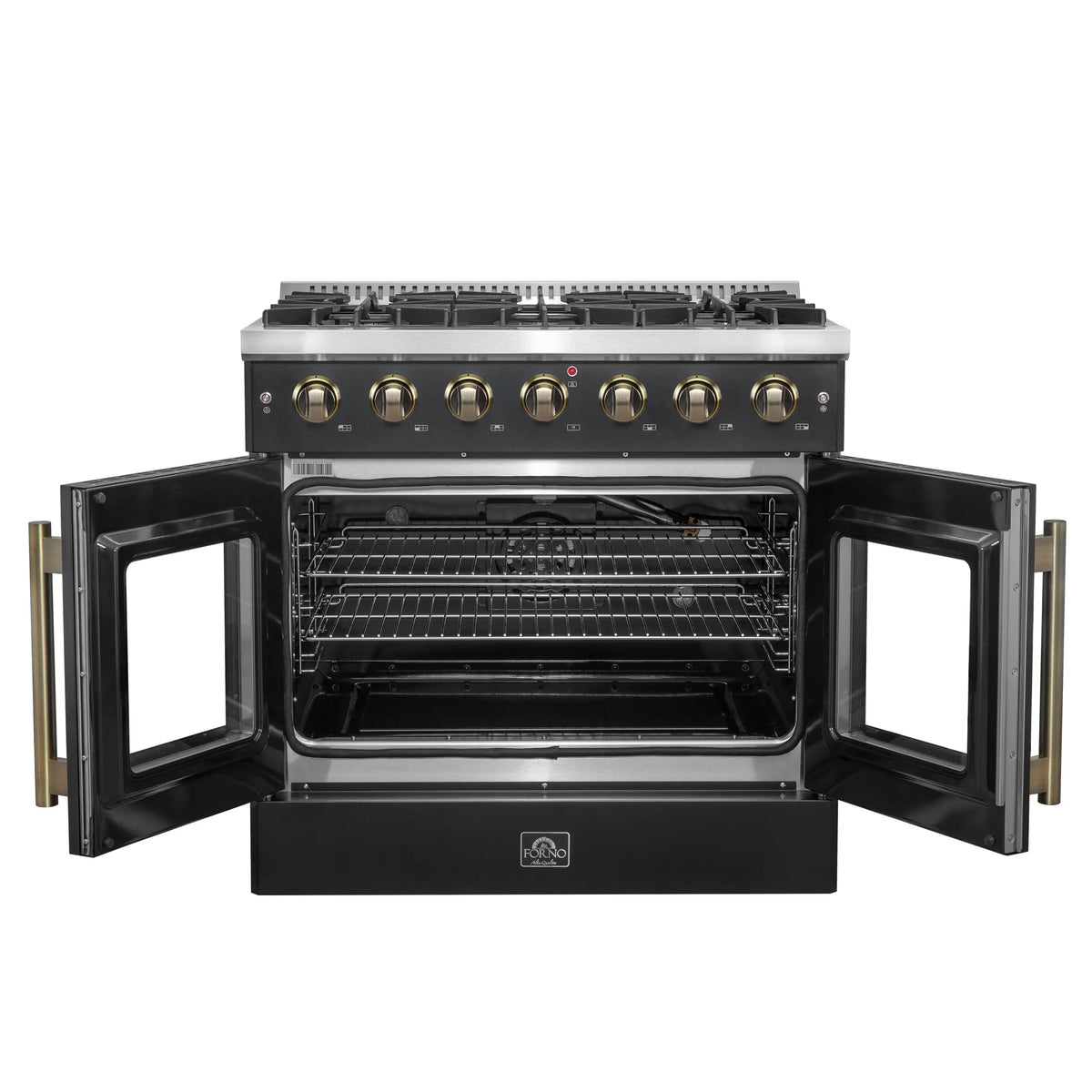 Forno 5-Piece Appliance Package - 36-inch Gas Range, Hood, Refrigerator, Dishwasher and 24-Inch Microwave Oven in Black with Antique Brass Trim