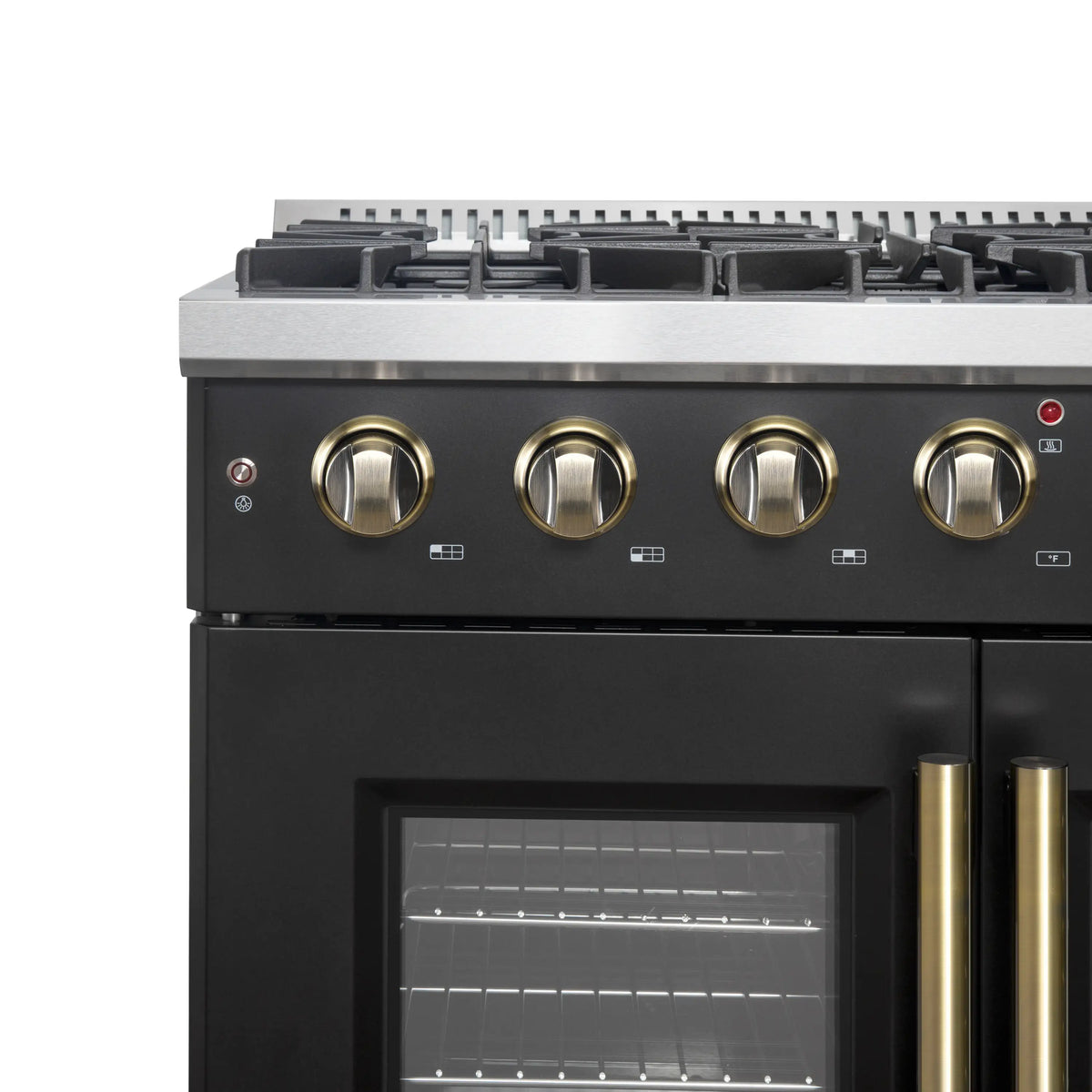 Forno 5-Piece Appliance Package - 36-inch Gas Range, Hood, Refrigerator, Dishwasher and 24-Inch Microwave Drawer in Black with Antique Brass Trim