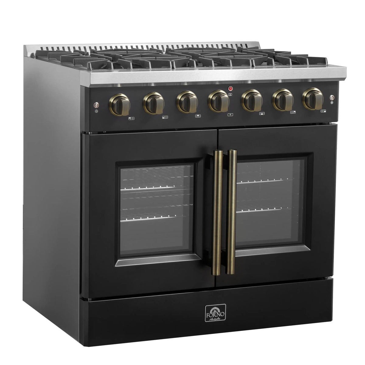 Forno 5-Piece Appliance Package - 36-inch Gas Range, Hood, Refrigerator, Dishwasher and 30-Inch Microwave Oven in Black with Antique Brass Trim