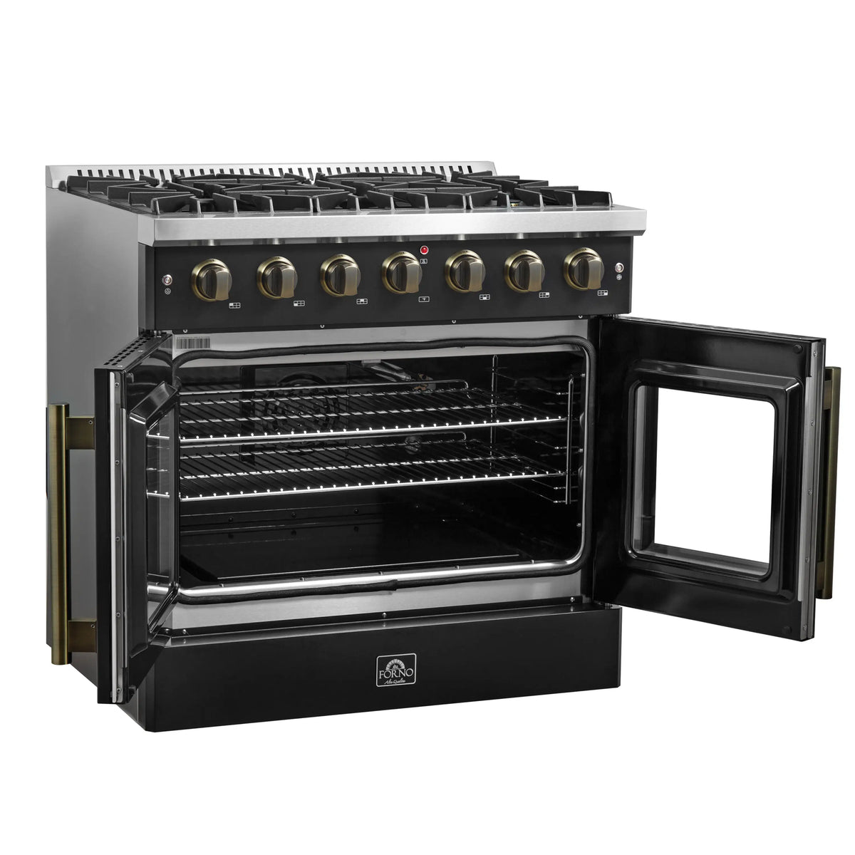 Forno 5-Piece Appliance Package - 36-inch Gas Range, Hood, Refrigerator, Dishwasher and 24-Inch Microwave Drawer in Black with Antique Brass Trim
